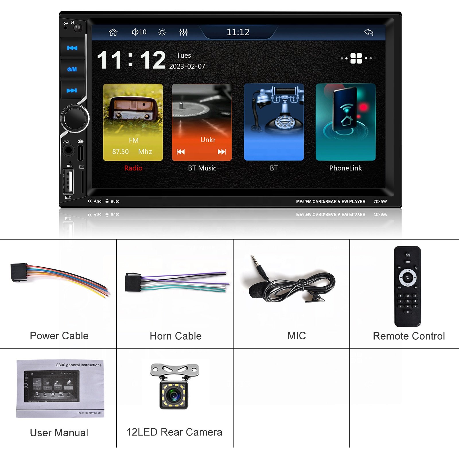 Podofo 7'' Double Din Car Stereo with Wireless Carplay Android Auto Touch screen Car Radio Car MP5 Player BT FM AUX USB EQ MIC