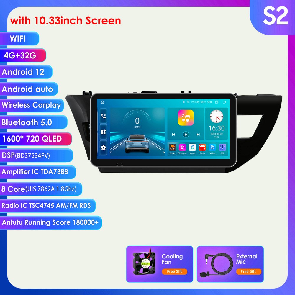 8 Core Android Autoradio with GPS Navigation 10.33 inch touch screen Car DVD Player for Toyota Corolla 14-16