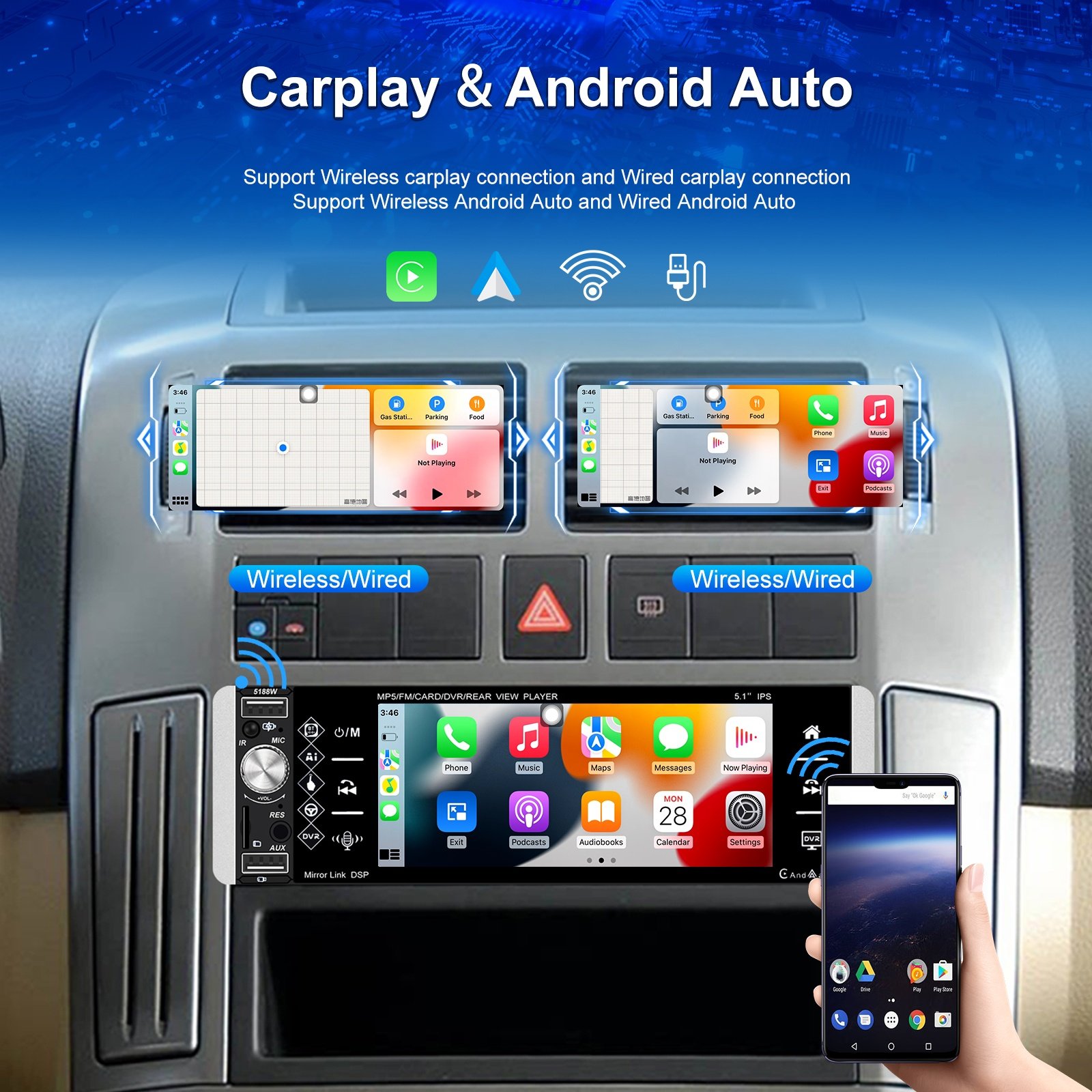 Podofo 5.1" 1 Din Car Stereo with Wireless Carplay Android Auto Car MP5 Player FM/AM/RDS Dual USB AUX-IN Car Radio Autostereo