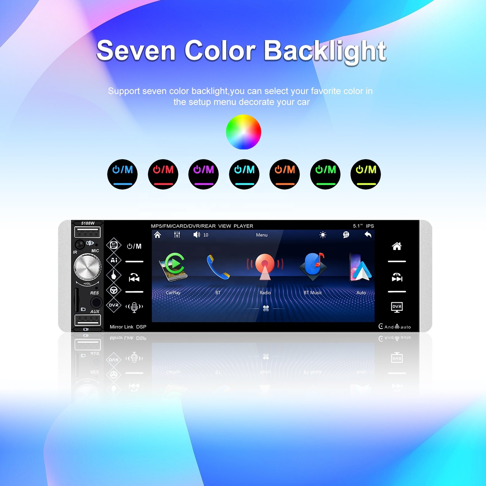 Podofo 5.1" 1 Din Car Stereo with Wireless Carplay Android Auto Car MP5 Player FM/AM/RDS Dual USB AUX-IN Car Radio Autostereo