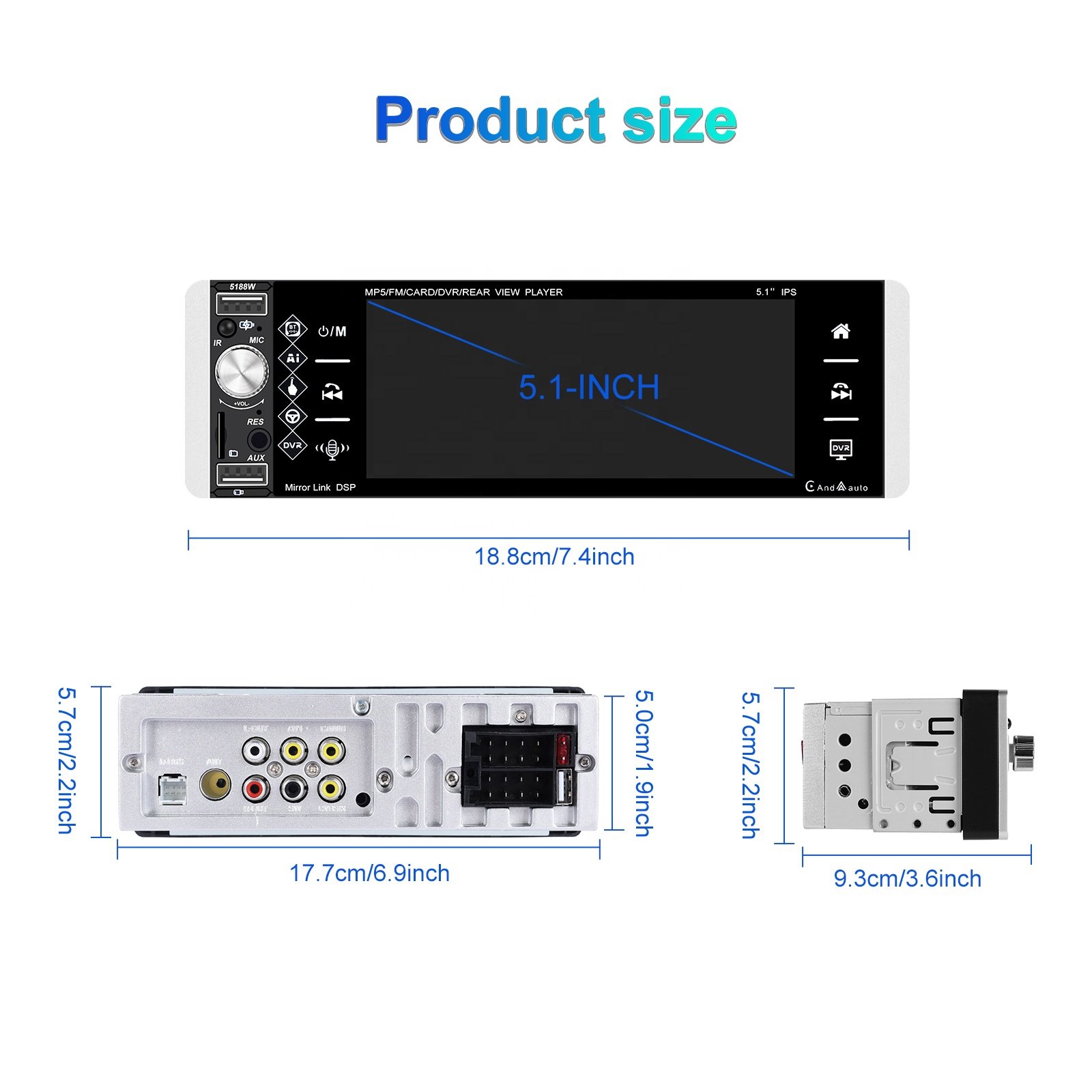 Podofo 5.1" 1 Din Car Stereo with Wireless Carplay Android Auto Car MP5 Player FM/AM/RDS Dual USB AUX-IN Car Radio Autostereo