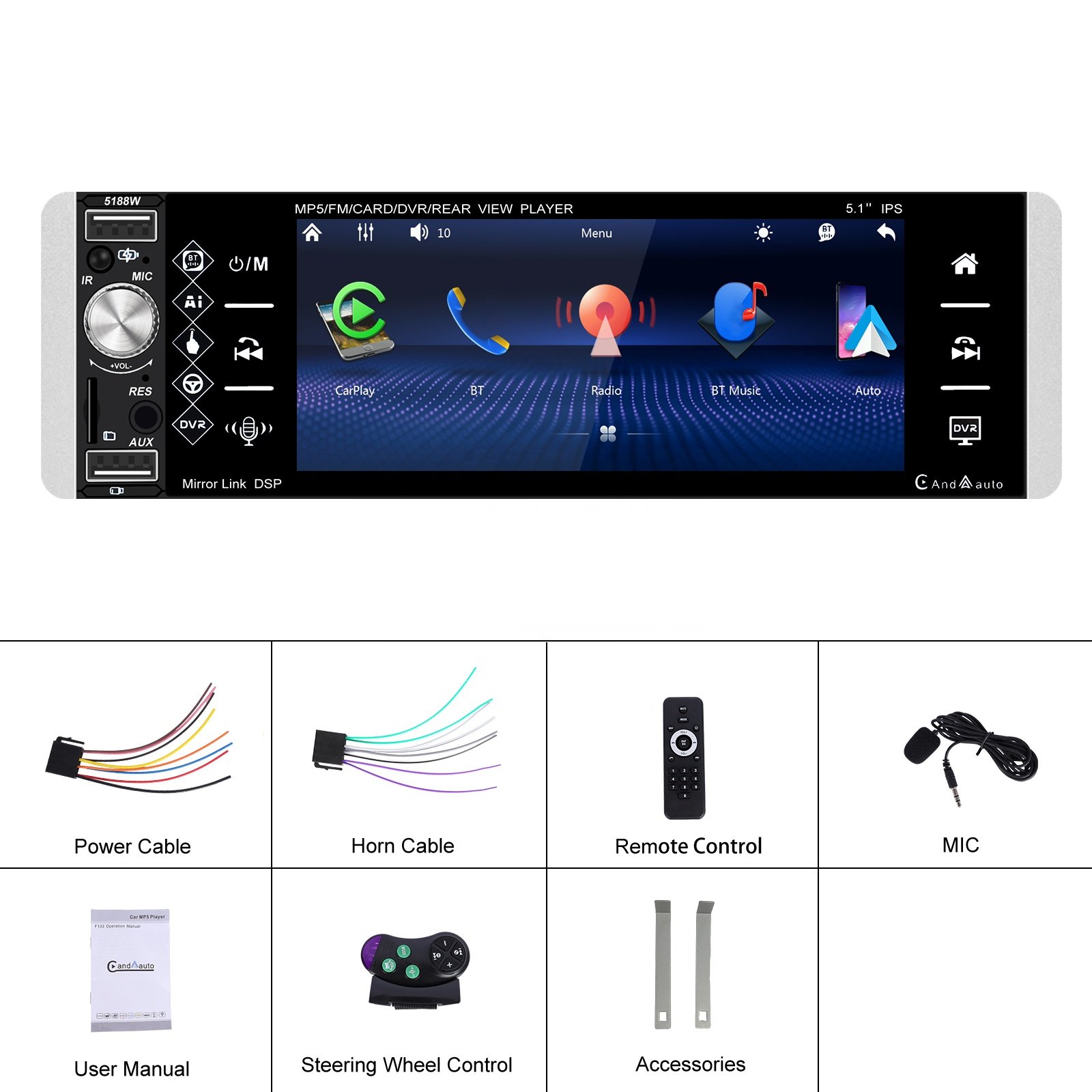 Podofo 5.1" 1 Din Car Stereo with Wireless Carplay Android Auto Car MP5 Player FM/AM/RDS Dual USB AUX-IN Car Radio Autostereo