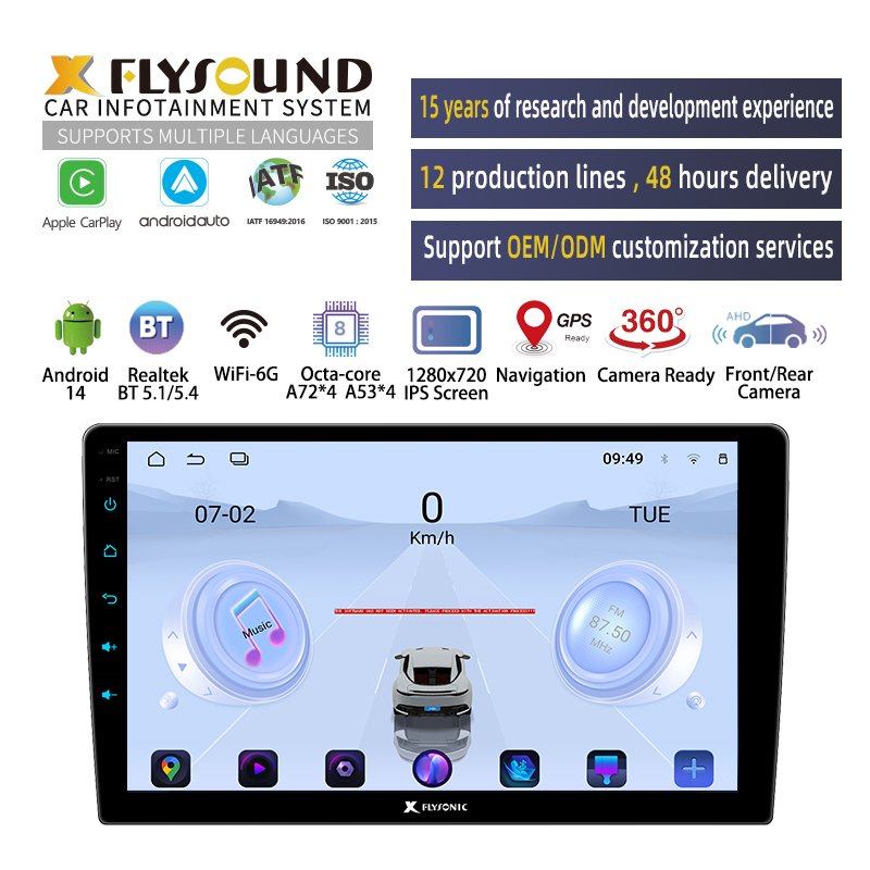 Flysonic OEM ODM Dashboard 2 din android car radio 2k 8 core stereo audio with 360 camera 9 inch Navigation car dvd player