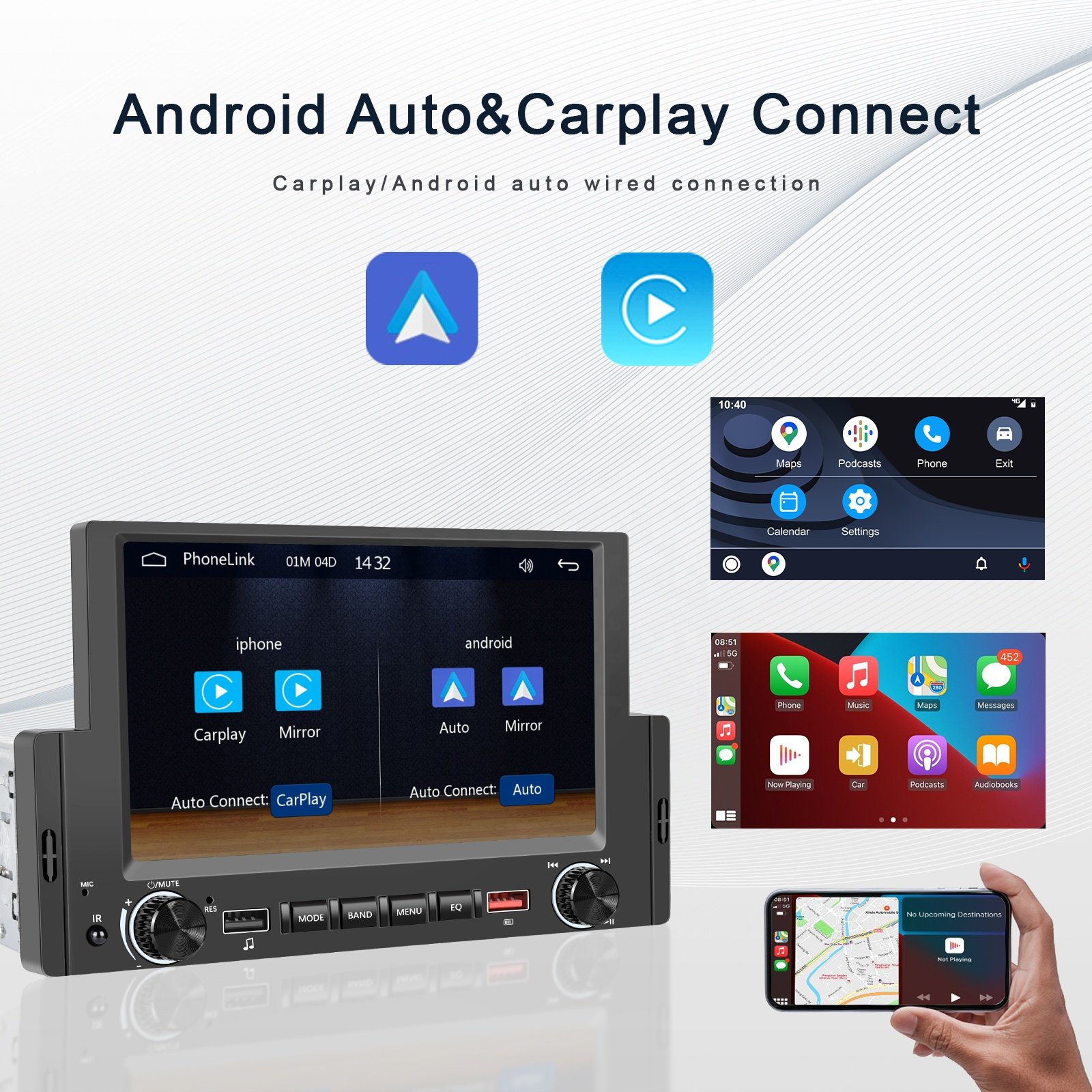 Podofo 1 Din 6.2'' Car Radio Wired Carplay Android Auto Car MP5 Player BT FM USB Fast Charge External Microphone New Design