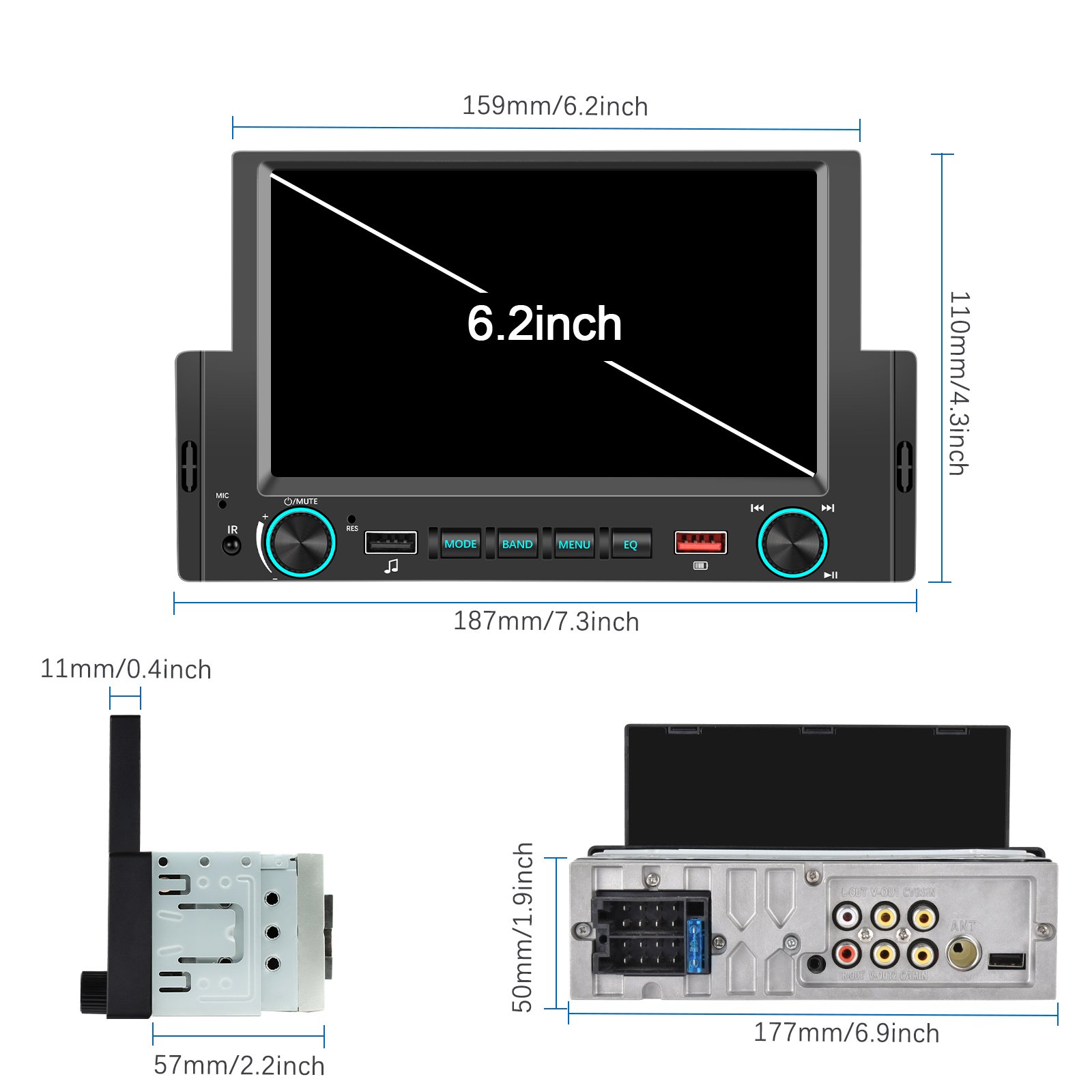 Podofo 1 Din 6.2'' Car Radio Wired Carplay Android Auto Car MP5 Player BT FM USB Fast Charge External Microphone New Design