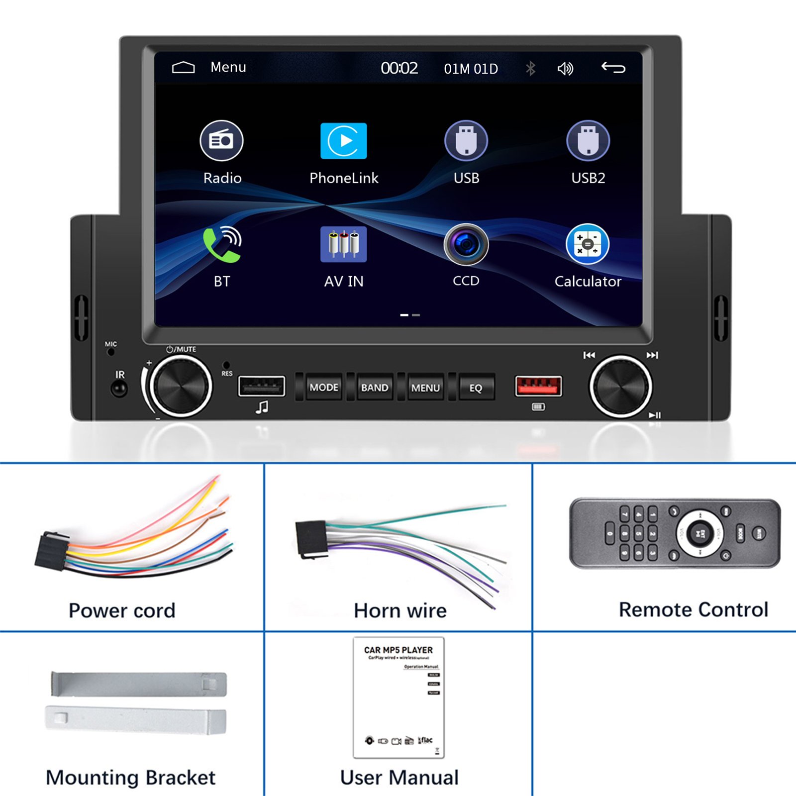Podofo 1 Din 6.2'' Car Radio Wired Carplay Android Auto Car MP5 Player BT FM USB Fast Charge External Microphone New Design