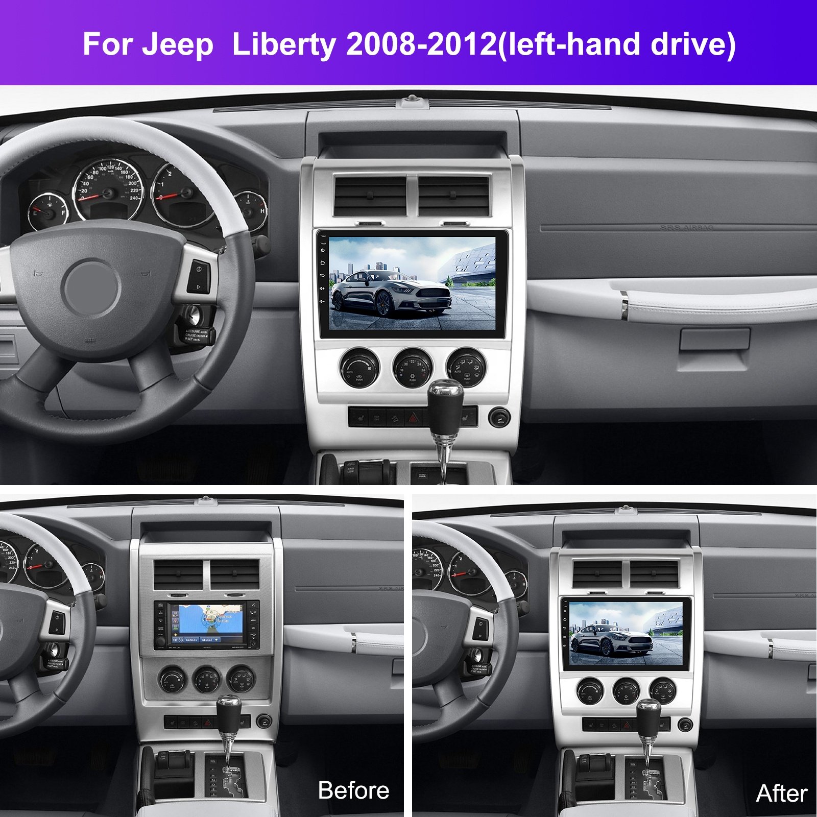 Podofo 10 Inch Android Car Stereo 4+64G Wireless Carplay Android Auto For Jeep Liberty 2008-2012 IPS DSP GPS FM RDS WIFI OEM