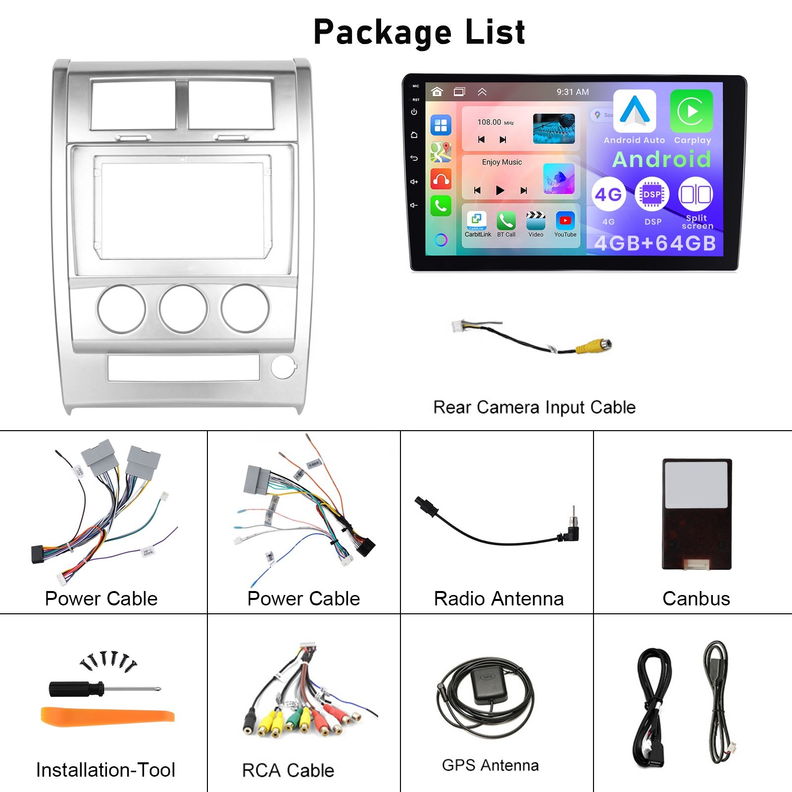 Podofo 10 Inch Android Car Stereo 4+64G Wireless Carplay Android Auto For Jeep Liberty 2008-2012 IPS DSP GPS FM RDS WIFI OEM