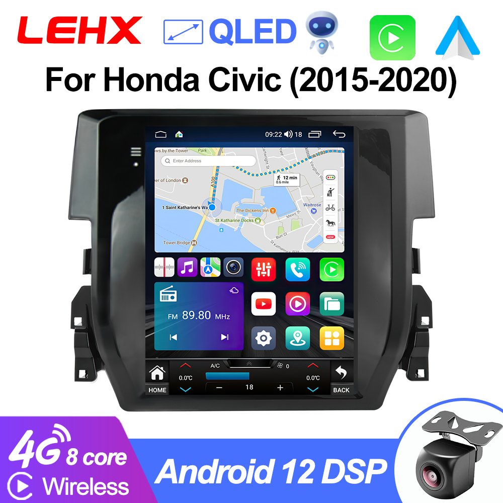 LEHX 8Core 4G Car Radio Multimedia For Honda Civic 2015-2020 Android 12 Auto Carplay Stereo Gps Navigation 2 Din Tesla Style