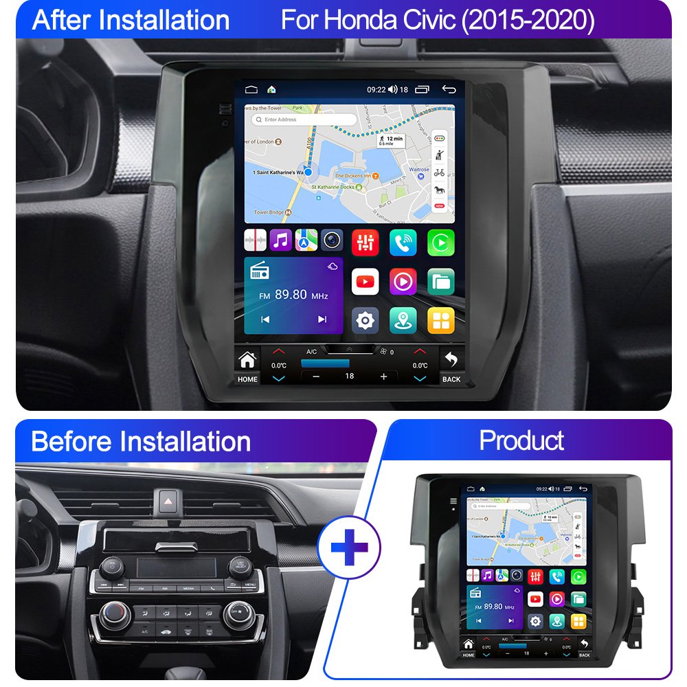 LEHX 8Core 4G Car Radio Multimedia For Honda Civic 2015-2020 Android 12 Auto Carplay Stereo Gps Navigation 2 Din Tesla Style