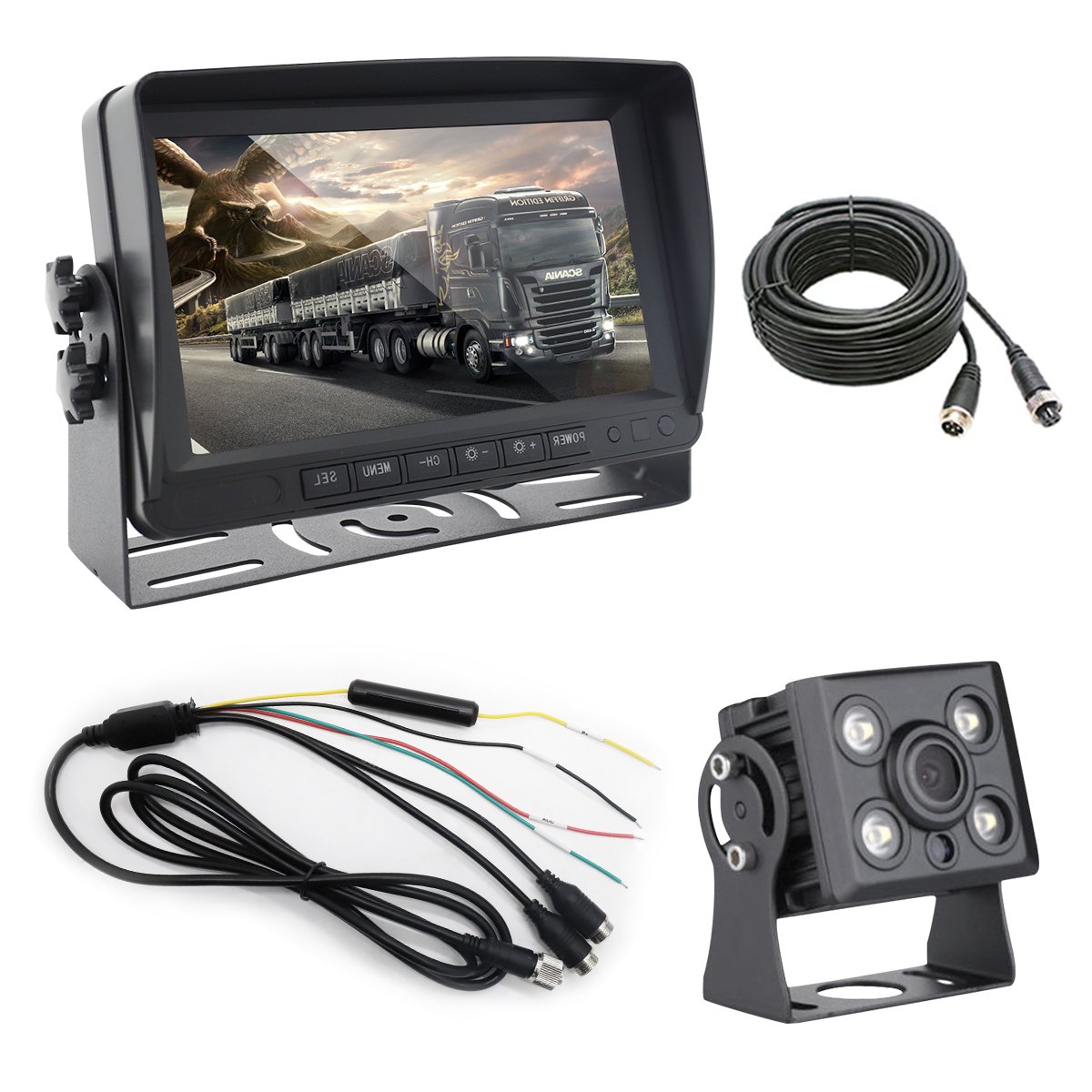 YWX 2 Channel 7in Car Reverse IPS screen Monitor with 2pcs AHD Car Backup Camera 7in truck camera system