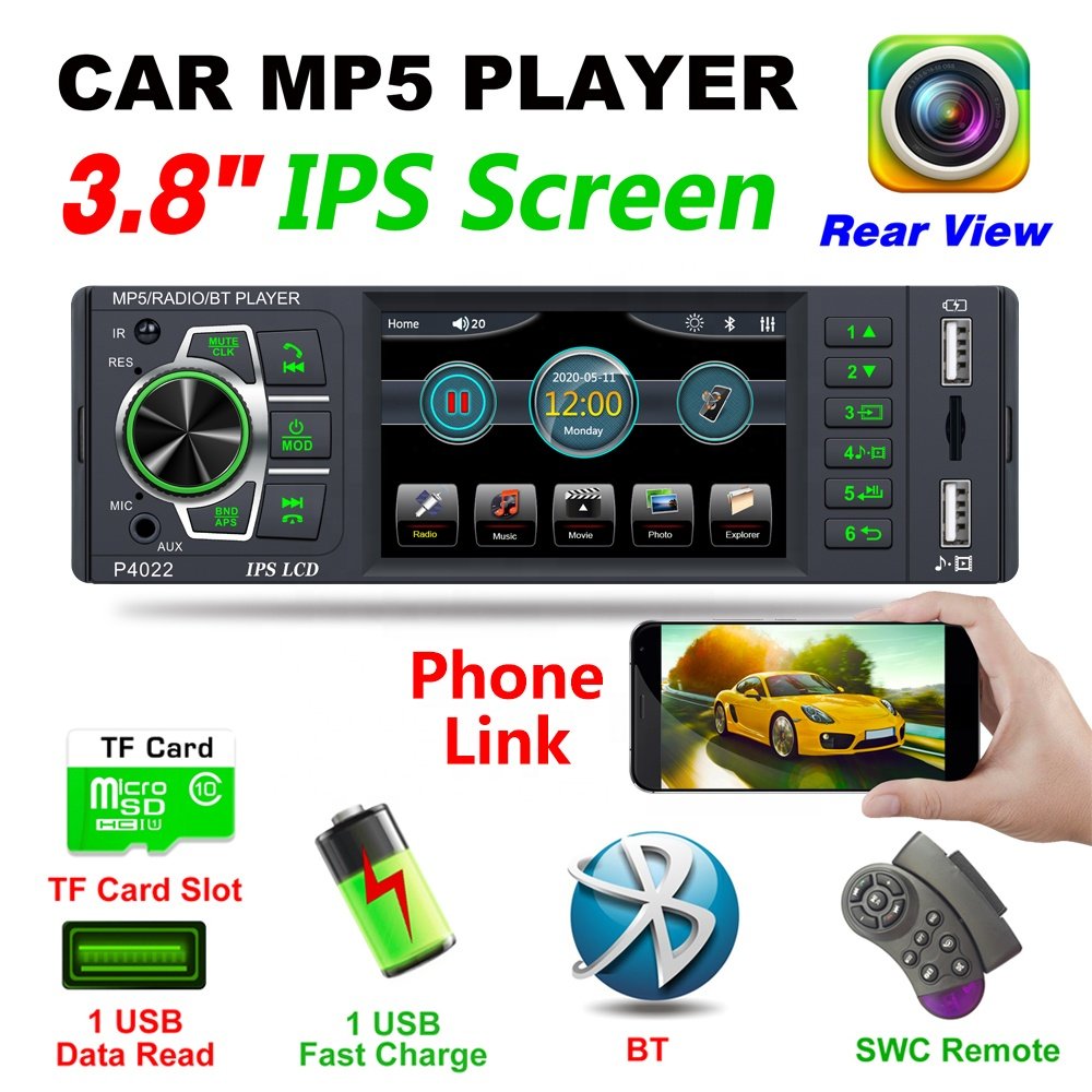 Podofo 3.8" Autoradio 1 Din IPS Capacitive Screen Audio Stereo FM BT With Remote And Microphone Control Support Reverse Camera