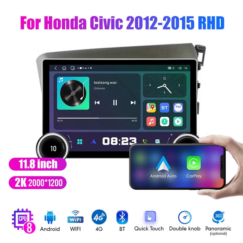 11.8Inch 2Din Android Car Radio For Honda Civic 2012-2015 RHD 2K QLED Screen Car Stereo Car DVD Player Carplay Android Auto