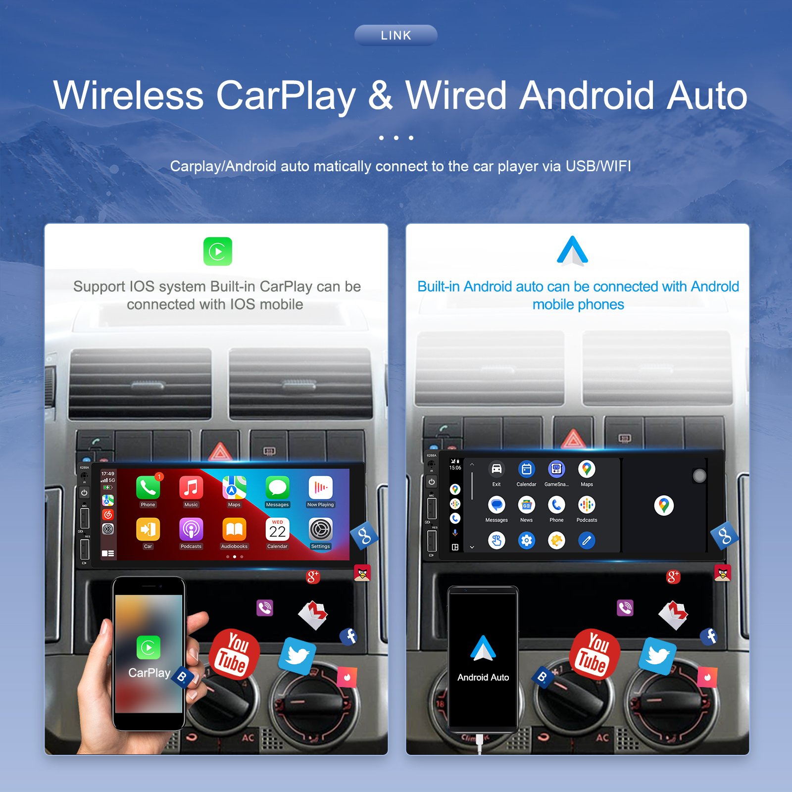Podofo 6.86'' 2+64G 1 Din Android Car Radio Car Stereo Wireless Carplay & Wired Android Auto Wifi BT GPS FM RDS