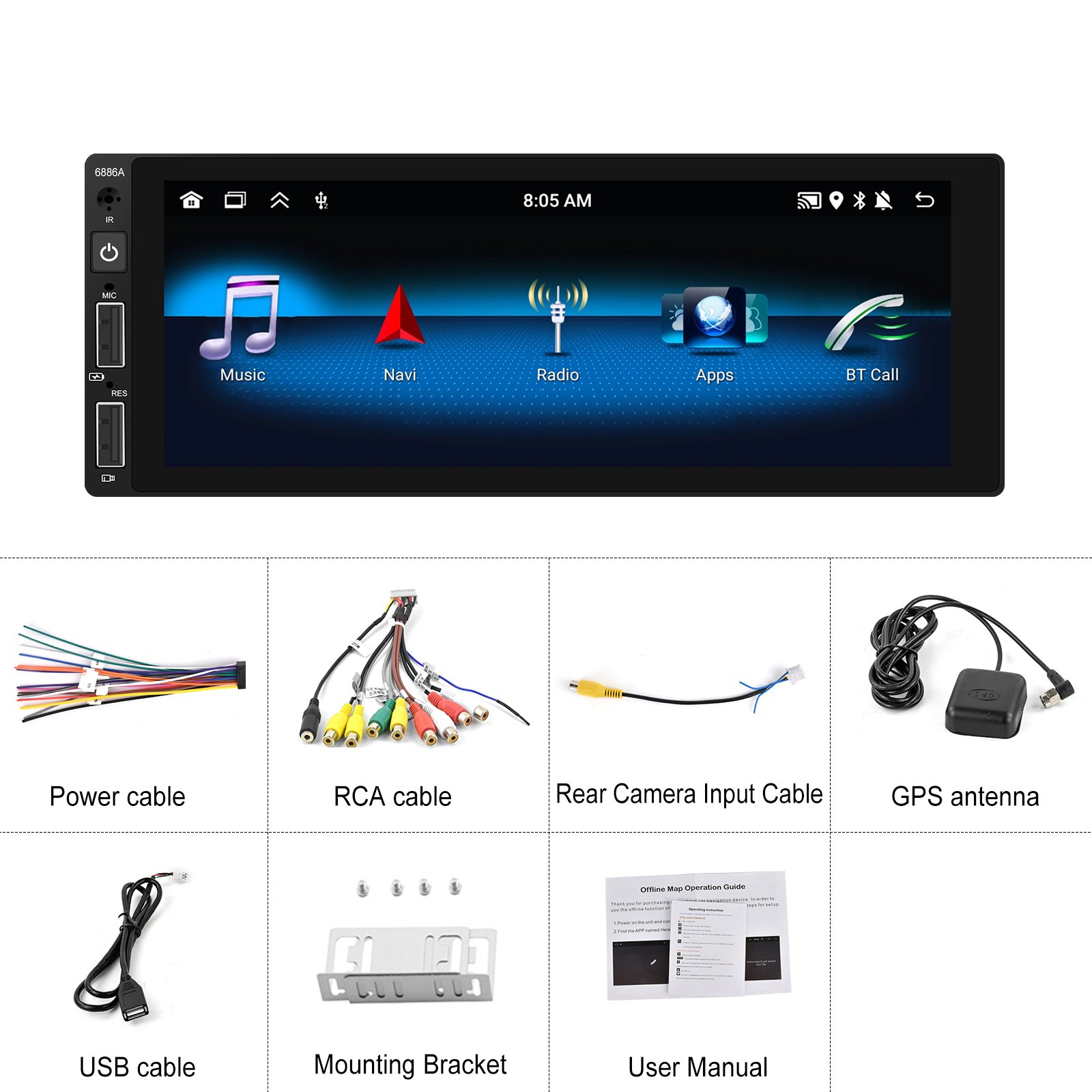 Podofo 6.86'' 2+64G 1 Din Android Car Radio Car Stereo Wireless Carplay & Wired Android Auto Wifi BT GPS FM RDS