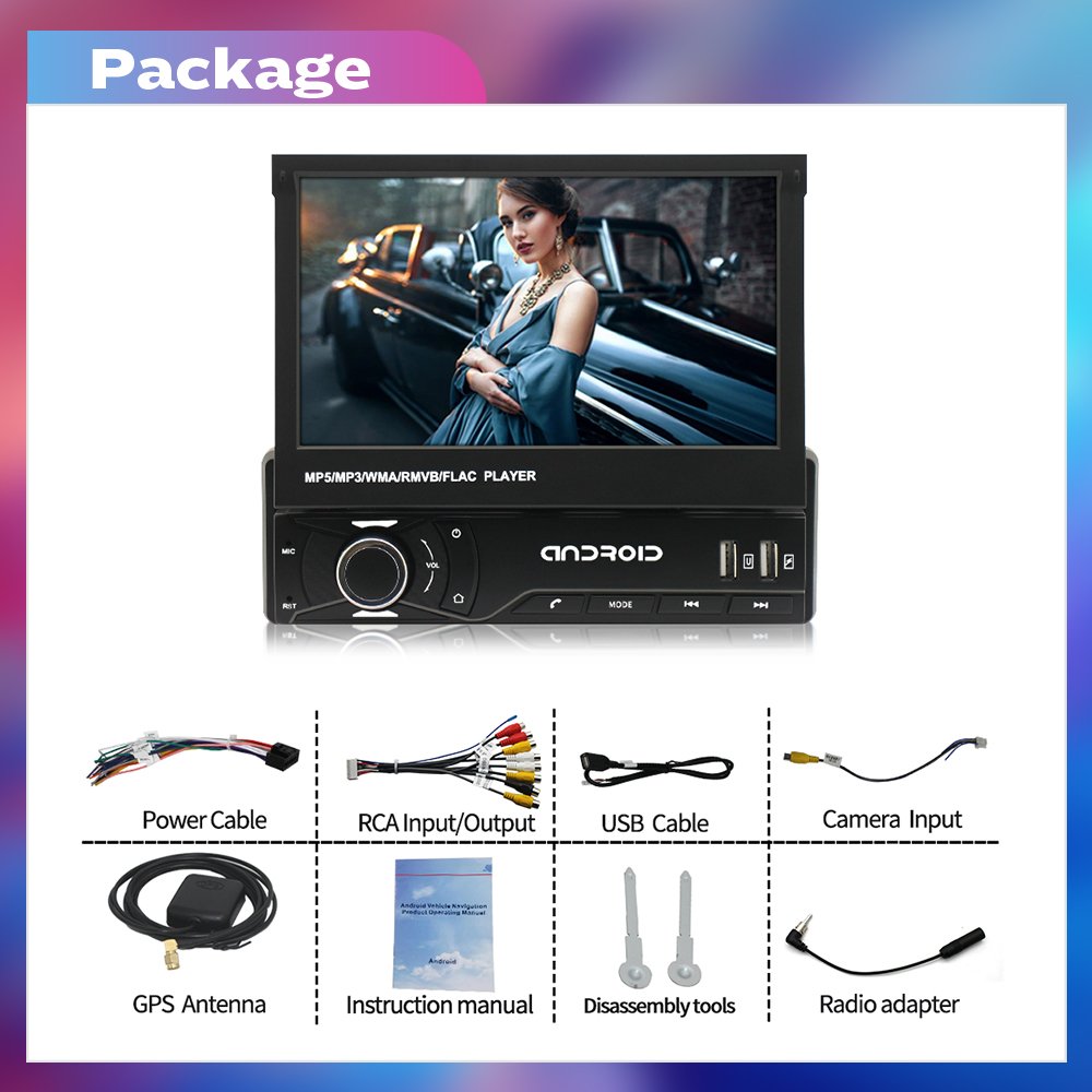 1Din Android 7 Inch GPS Navigation Universal Retractable Screen Car Radio Multimedia Video Player Central Car Stereo Carplay