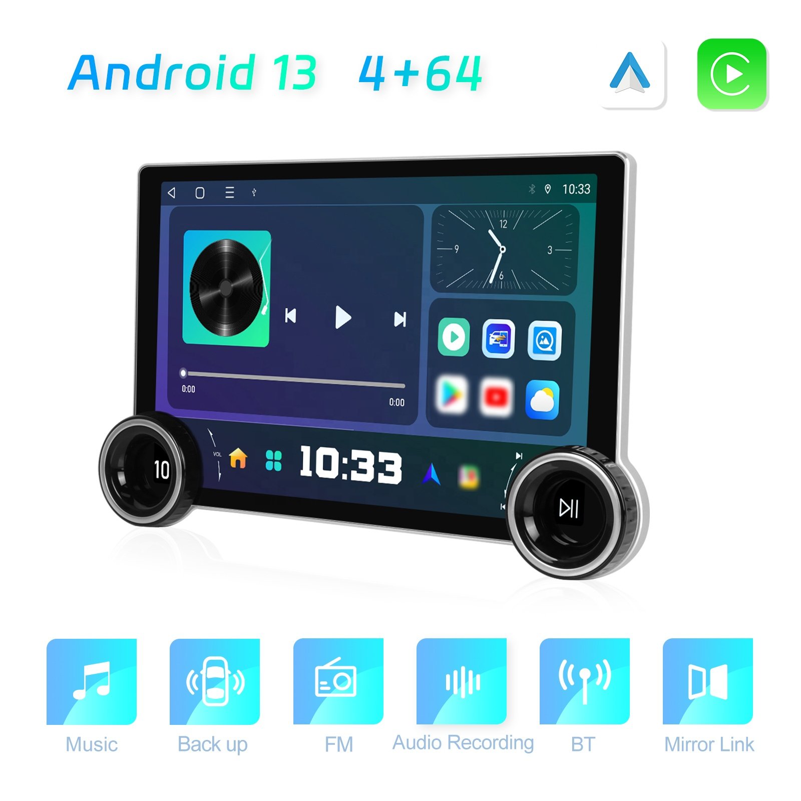 Podofo 11.5" Android Car Radio Stereo 8 Core 4+64G Double Knob 2K QLED Carplay Android Auto GPS 4G Wifi DSP A2DP BT5.0 FM/RDS