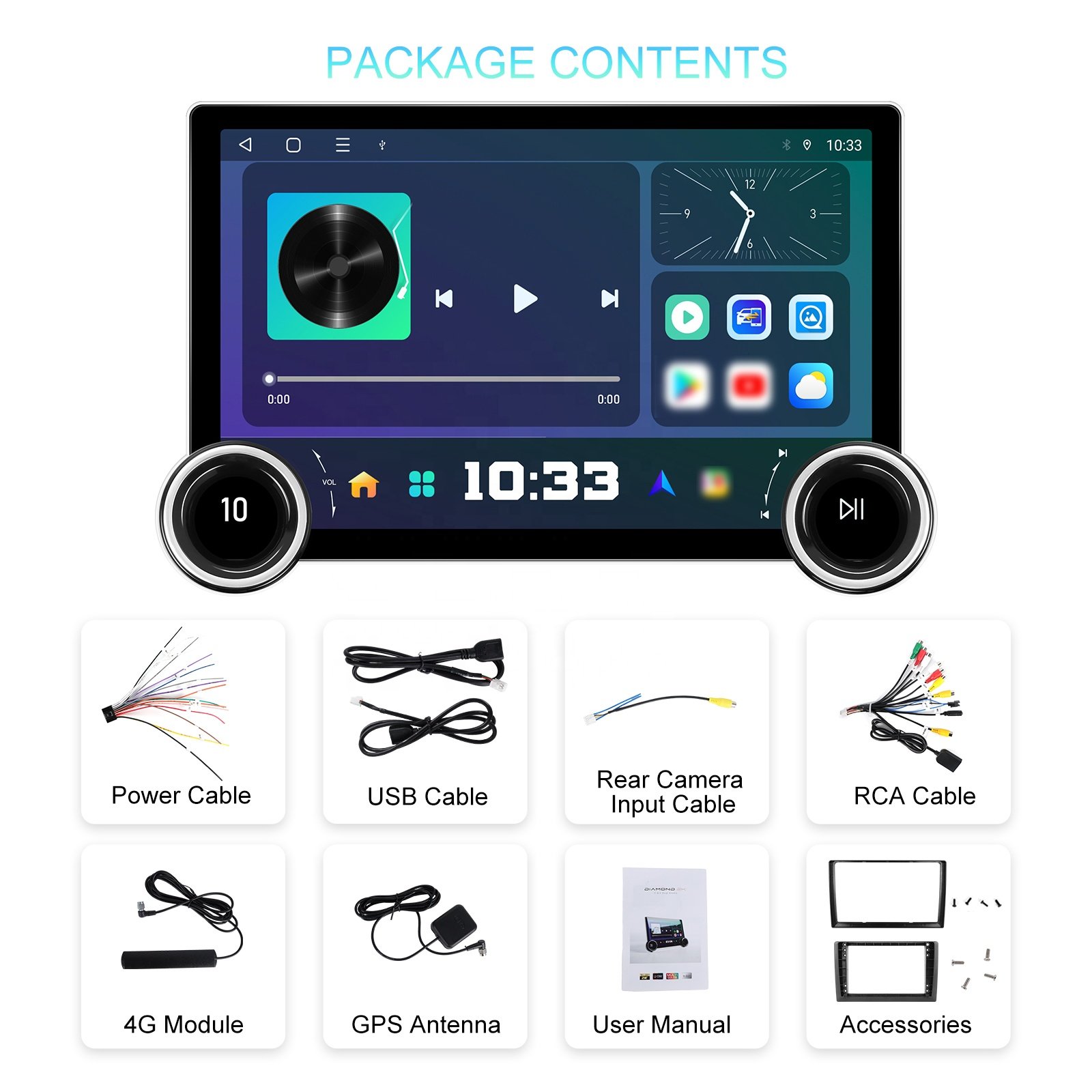 Podofo 11.5" Android Car Radio Stereo 8 Core 4+64G Double Knob 2K QLED Carplay Android Auto GPS 4G Wifi DSP A2DP BT5.0 FM/RDS
