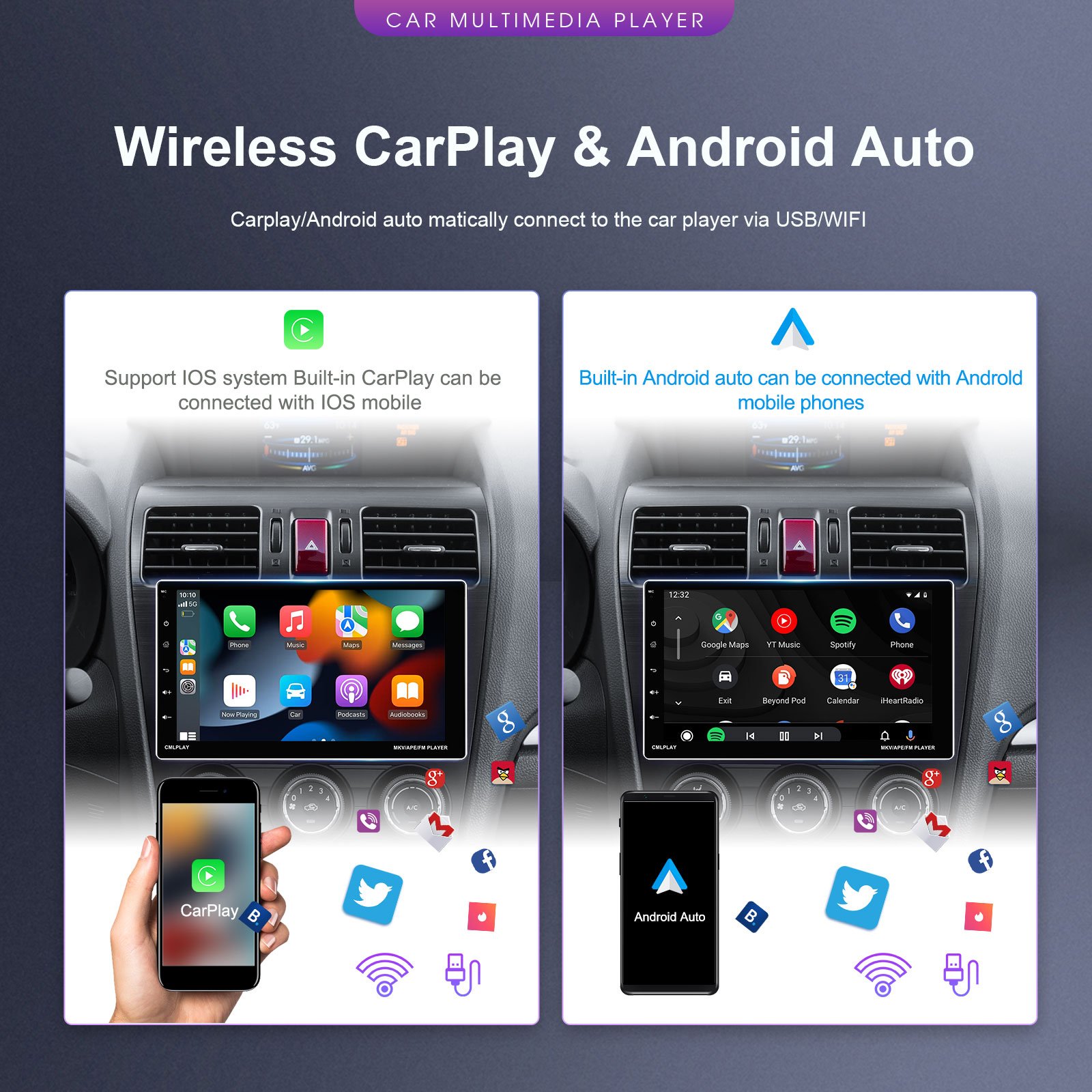 Podofo 9" Rotating 1 Din Android Car Radio 2+64G Android 13 Car Stereo CarPlay & Android Auto GPS WIFI Wholesale