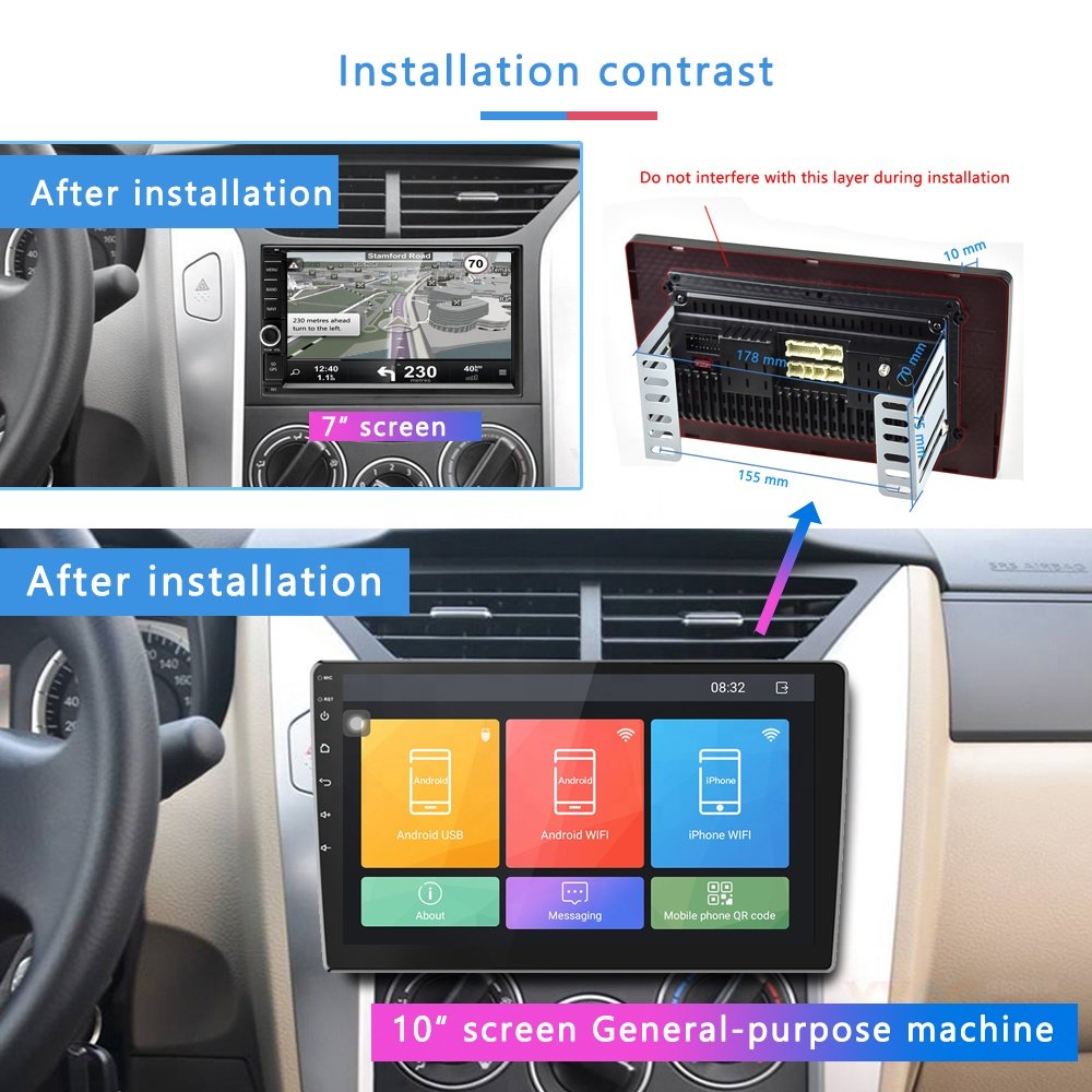 Podofo 10.1'' Android Car Stereo with Wireless Carplay 2 Din Car Radio Autoradio GPS Navigation WIFI BT FM RDS