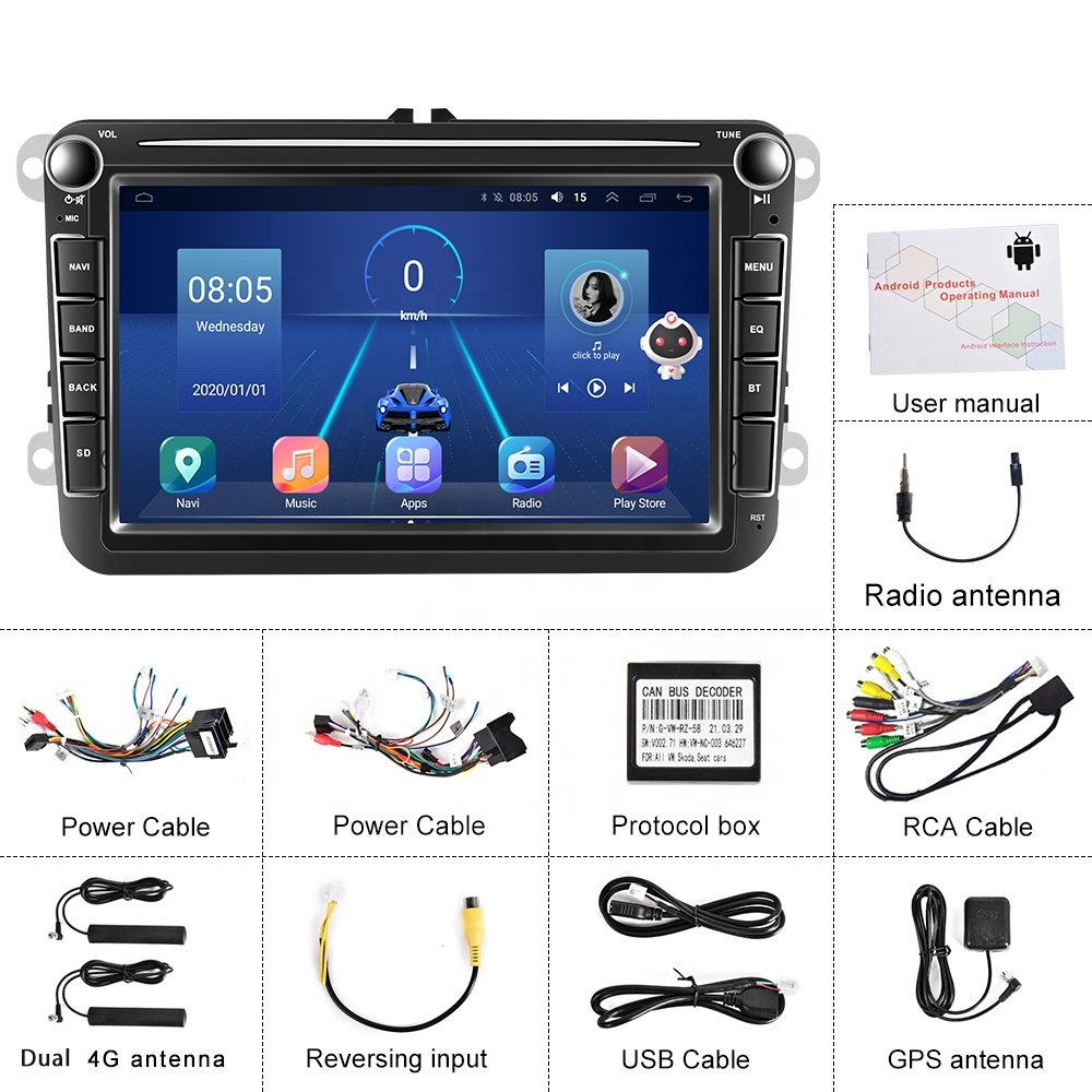 (RU Stock) Podofo 4+64GB 8'' Carplay 8 Core Android 13 Car Radio IPS Touch Screen GPS/Wifi/BT/4G/DSP/Hi-Res For VW/VOLKSWAGEN