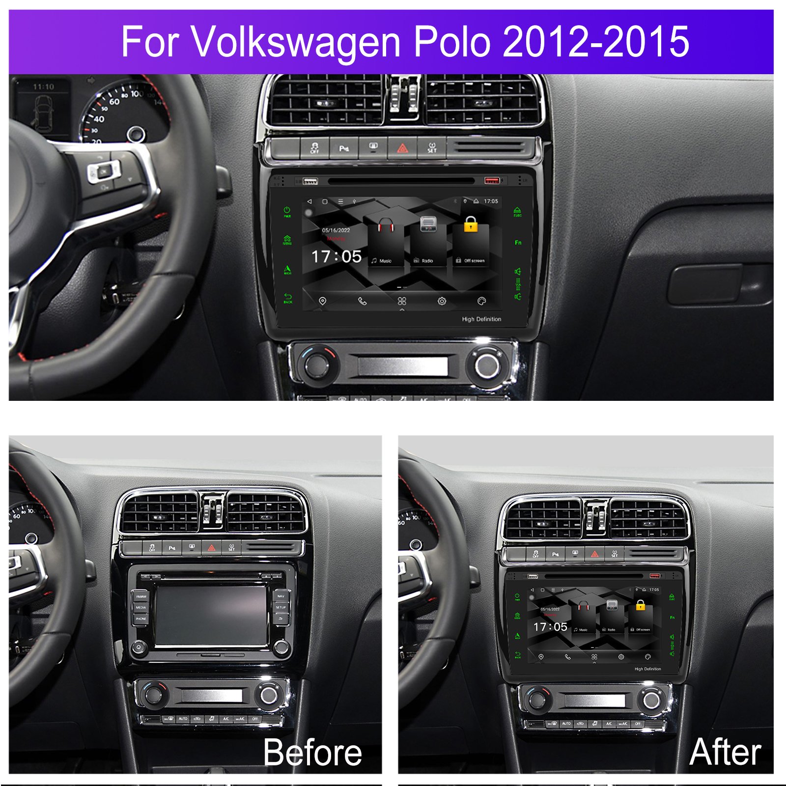 Podofo Car Radio Stereo 9'' Android 13 For Volkswagen Polo 2012-2015 Car Dvd Player 8CORE WIFI GPS DSP