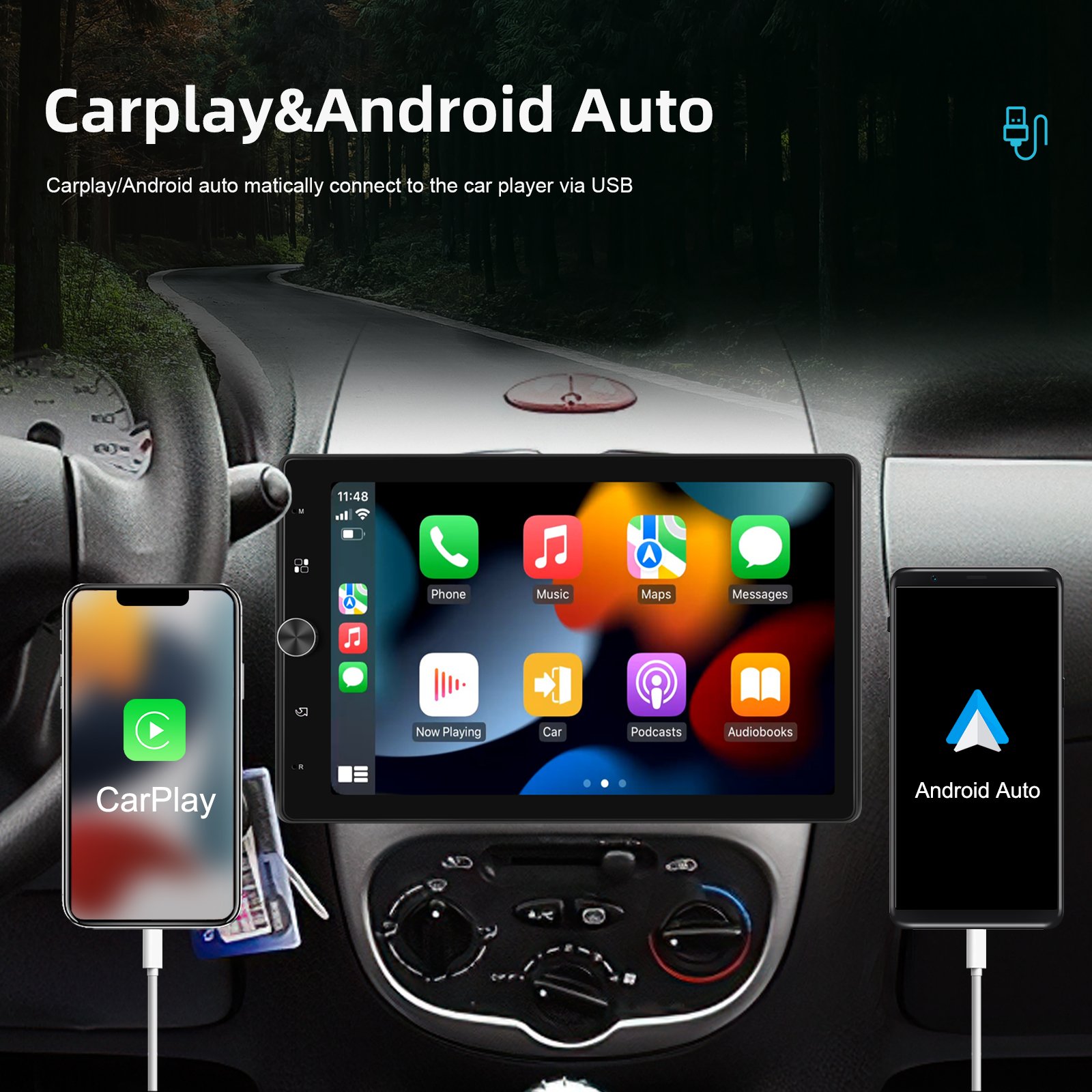 Podofo 10.4" Rotated Screen 1 Din Car MP5 Player Carplay Android Auto 1531C MP3 AUX FM BT EQ USB Autoradio Rear Camera