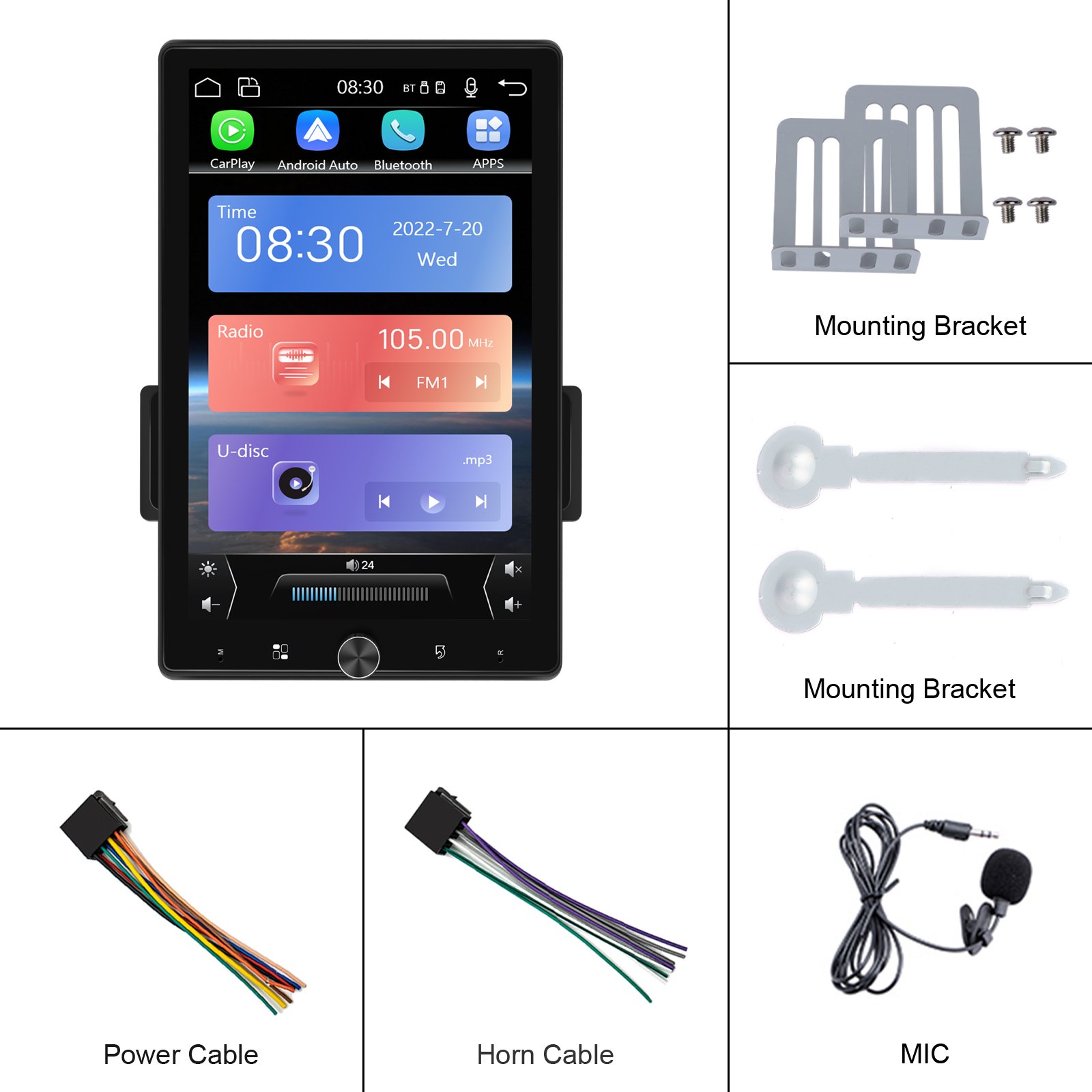 Podofo 10.4" Rotated Screen 1 Din Car MP5 Player Carplay Android Auto 1531C MP3 AUX FM BT EQ USB Autoradio Rear Camera