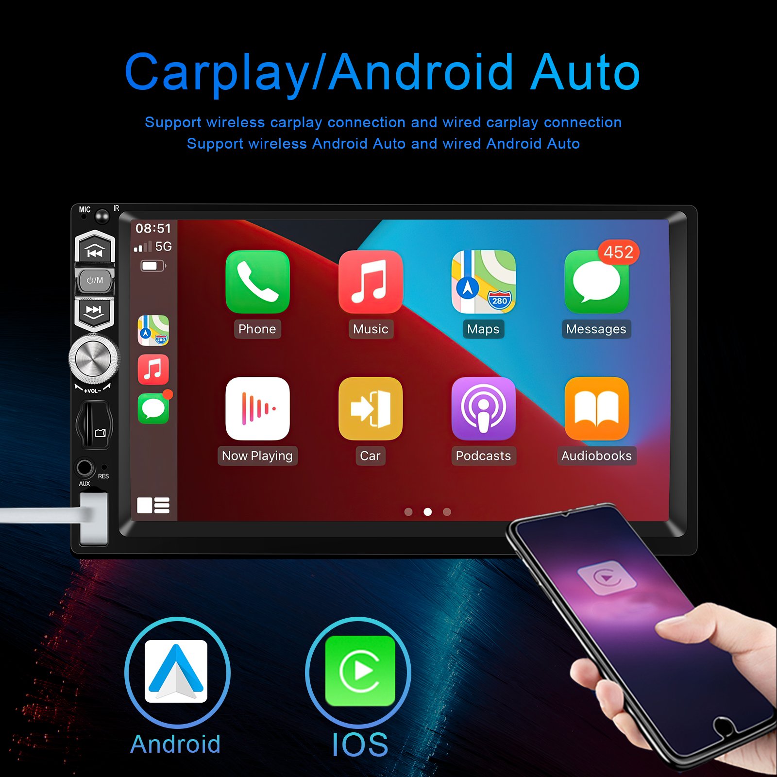 Podofo Single din 7'' Car MP5 Player Wireless Carplay Android Auto Touch Screen Auto Electronics 7039B USB BT FM with Microphone