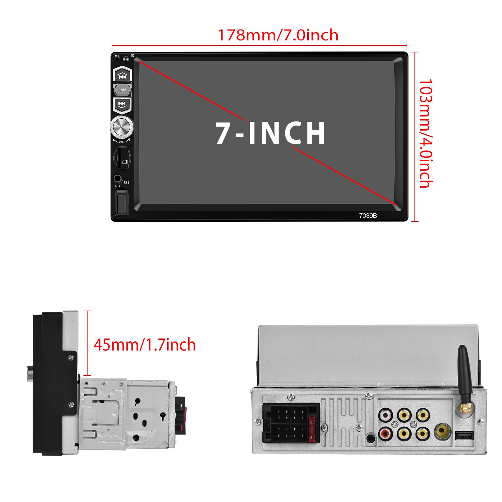 Podofo Single din 7'' Car MP5 Player Wireless Carplay Android Auto Touch Screen Auto Electronics 7039B USB BT FM with Microphone