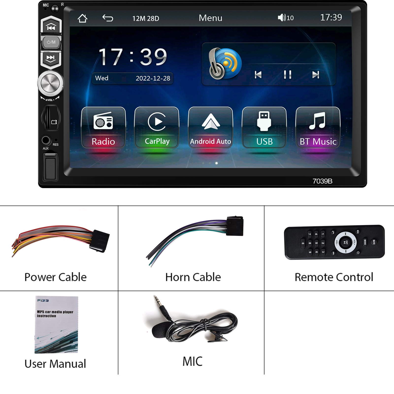 Podofo Single din 7'' Car MP5 Player Wireless Carplay Android Auto Touch Screen Auto Electronics 7039B USB BT FM with Microphone