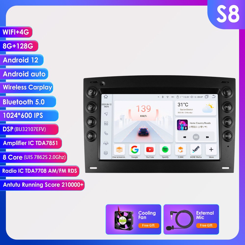 7 Inch Wifi+4g OLED Android 12 Car Dvd Player for Renault Megane 2 2002 2009 with Radio Carplay Auto Navigation & Gps DC 12V 50W