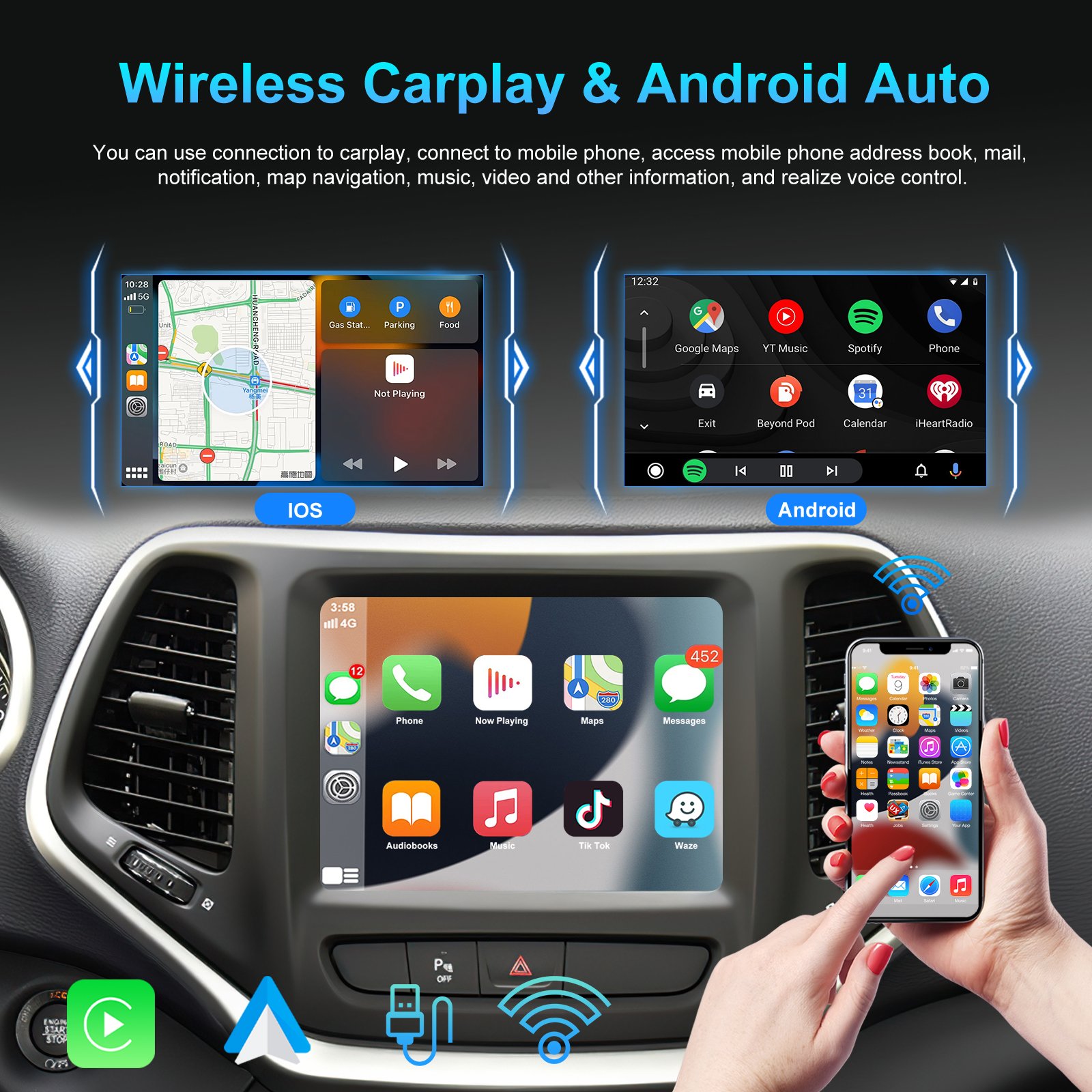Podofo 8.4'' 8-Core Android Car Radio Stereo For Jeep Cherokee/Grand Commander 2017-2020 Carplay WIFI 4G GPS BT FM AM DSP IPS