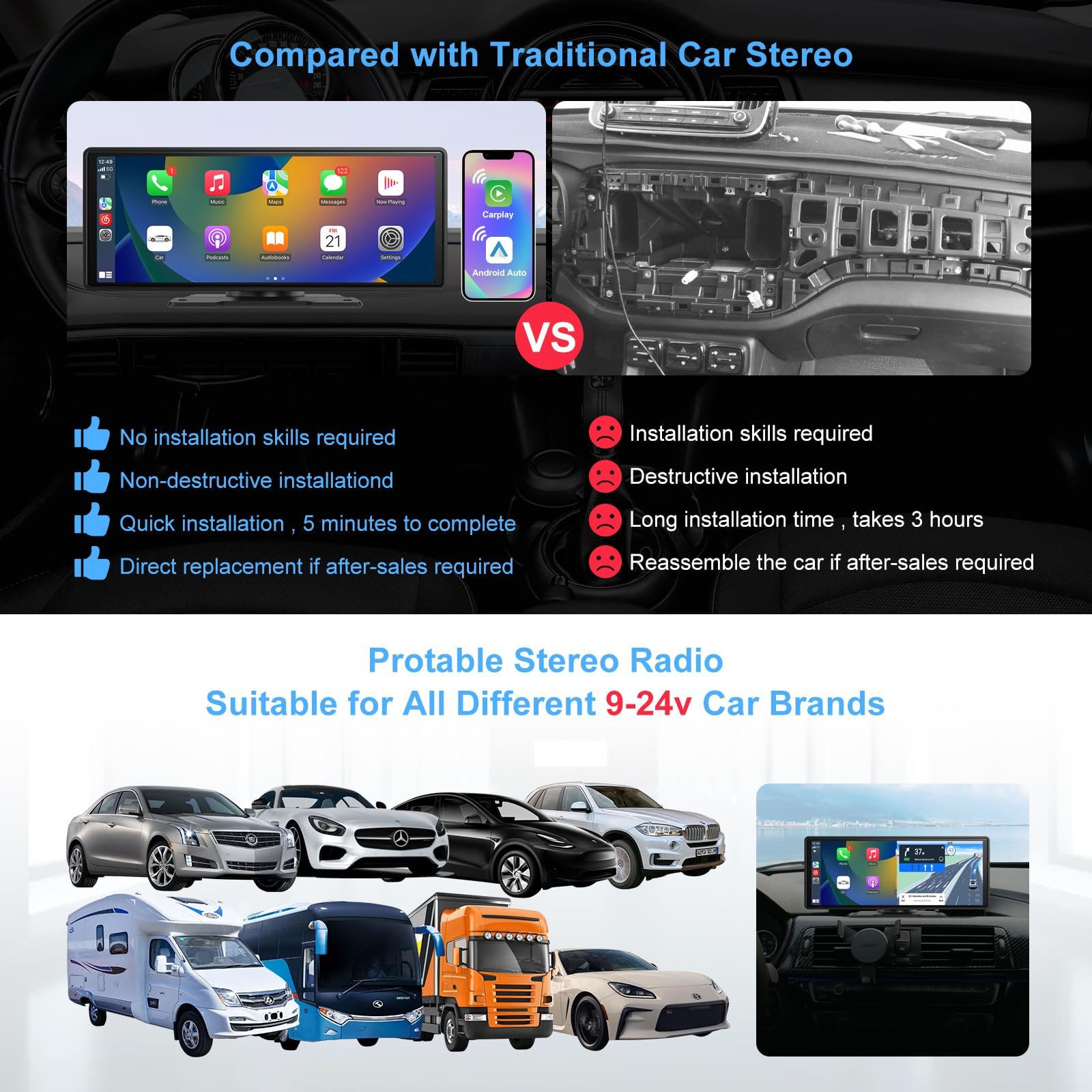 10 Inch 2.5D IPS Touch screen autostereos apple play portable wireless car bluetooth radio