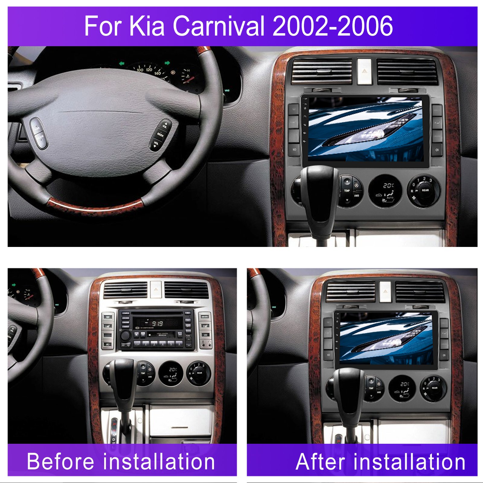 US Stock Podofo 9'' Car Radio Android Carplay Android Auto GPS RDS HIFI with AHD Camera For KIA Carnival 2002-2006