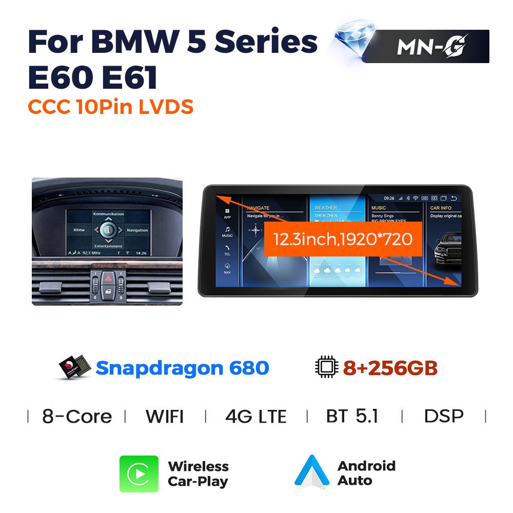12.3'' 8G 256G car-play for BMW E60 CCC CIC system car radio dvd player 4G LTE WIFI car multimedia player Snapdragon 662