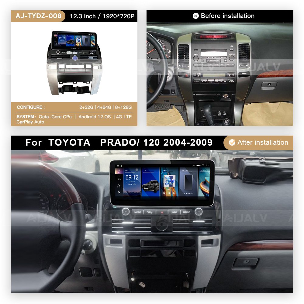 AIJALV Android QLED 2K 4GB ROM DSP Touch Screen For TOYOTA 2004-2009 PRADO 120 8-core 12.3inch Car DVD Radio Stereo Player
