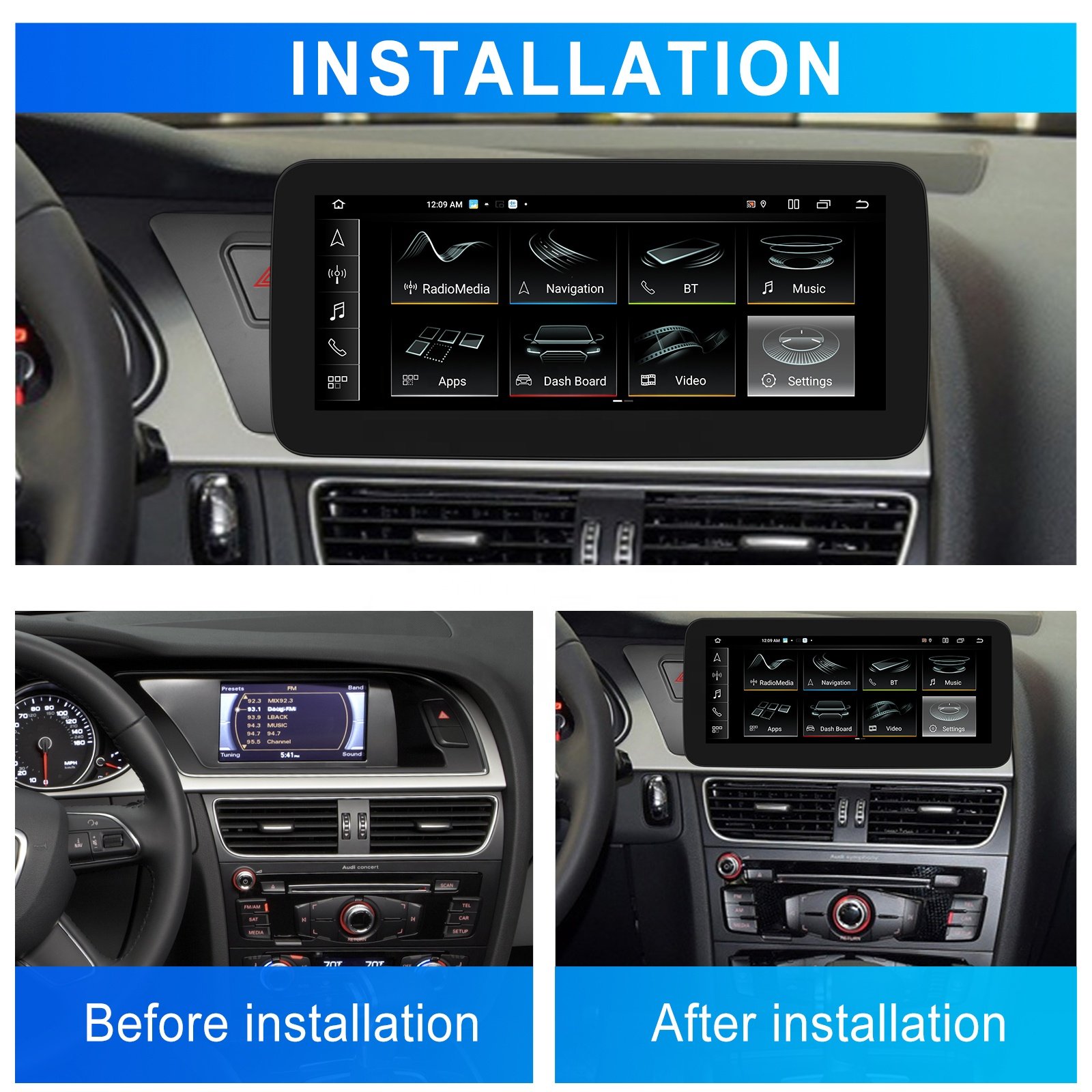 Podofo 12.3" Stereo 8+128GB Car Radio For Audi A4 Series 2009-2016 CarPlay Android Auto 4K Video WiFi 4G GPS 8 Core Dual System