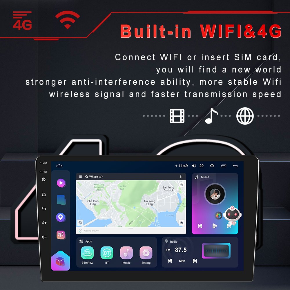 Podofo 8 Core Android 4+64GB 10.1" Car Radio Stereo Autoradio GPS 4G Wifi AI Voice Carplay Android Auto DSP Hi-Res RDS OBD2 DAB+
