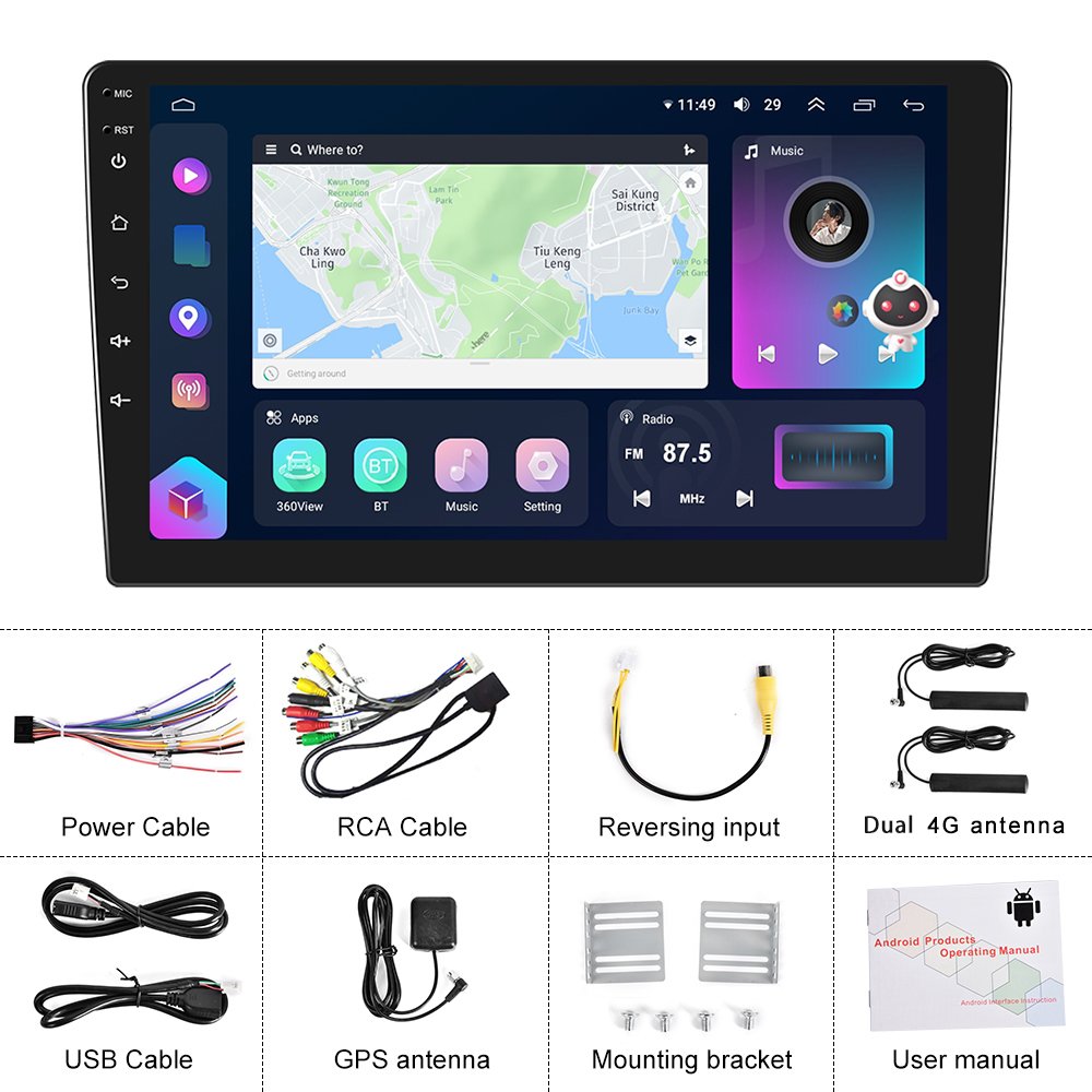 Podofo 8 Core Android 4+64GB 10.1" Car Radio Stereo Autoradio GPS 4G Wifi AI Voice Carplay Android Auto DSP Hi-Res RDS OBD2 DAB+