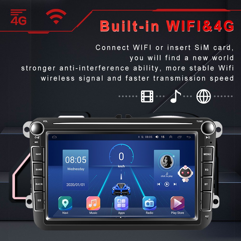 Podofo 2Din 8'' Android Car Radio 8+128G AI Voice GPS Navigation Wifi BT USB FM DSP Car Radio for VW/Polo/Golf/Jetta