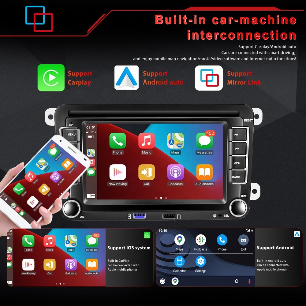 Podofo 8+128G Carplay 8 Core Android 13 Car Radio 2 Din 7'' QLED Smart Voice/GPS/Wifi/BT/4G/DSP/Hi-Res For VW/VOLKSWAGEN/POLO