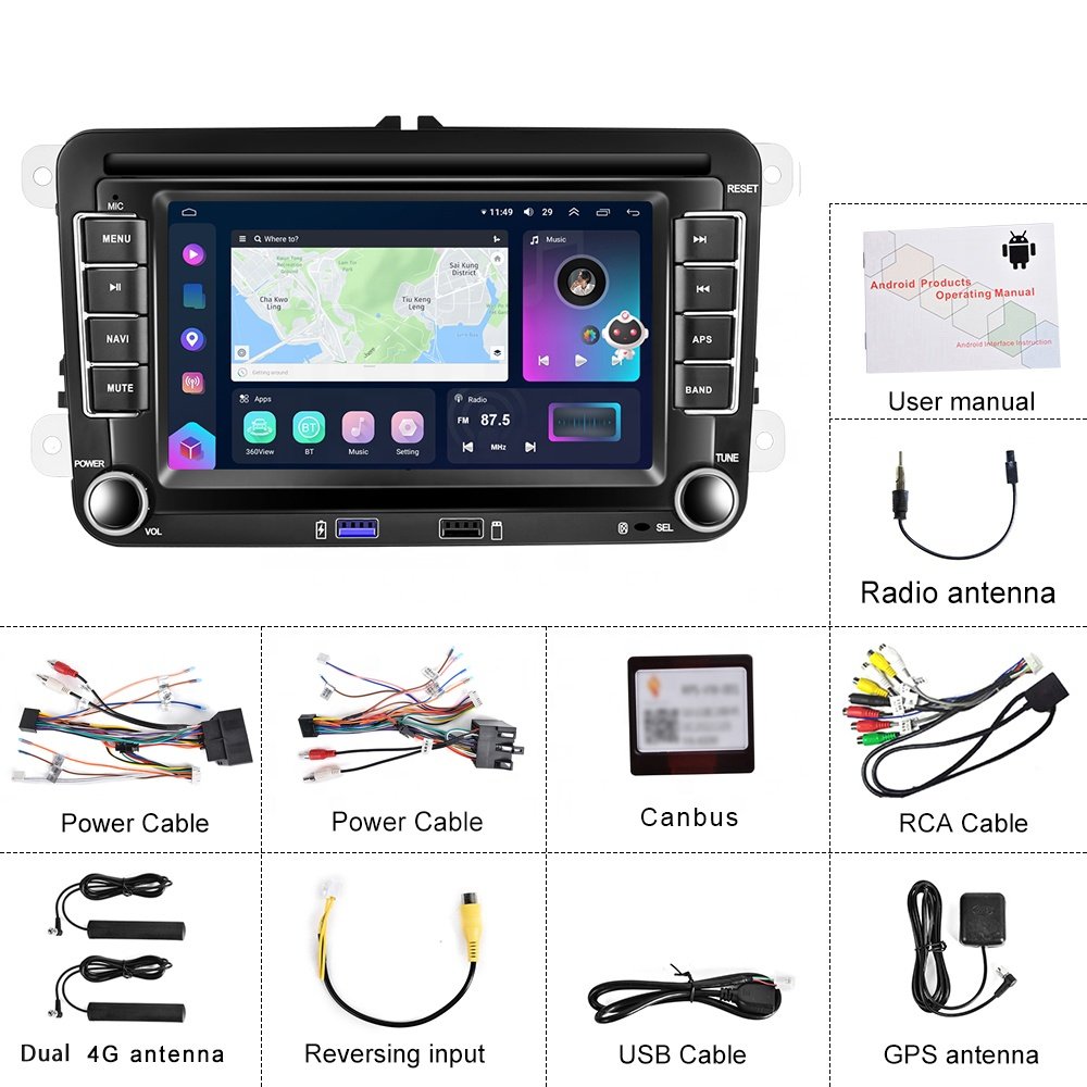 Podofo 8+128G Carplay 8 Core Android 13 Car Radio 2 Din 7'' QLED Smart Voice/GPS/Wifi/BT/4G/DSP/Hi-Res For VW/VOLKSWAGEN/POLO