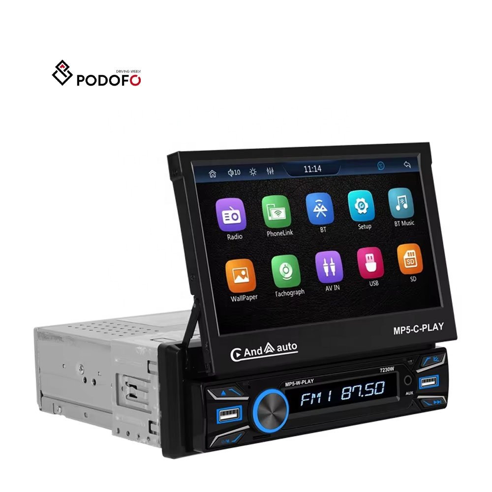 Podofo Single din 7'' Car MP5 Player Wireless Carplay Android Auto Motorized Retractable Touch Screen Auto Electronics USB BT FM