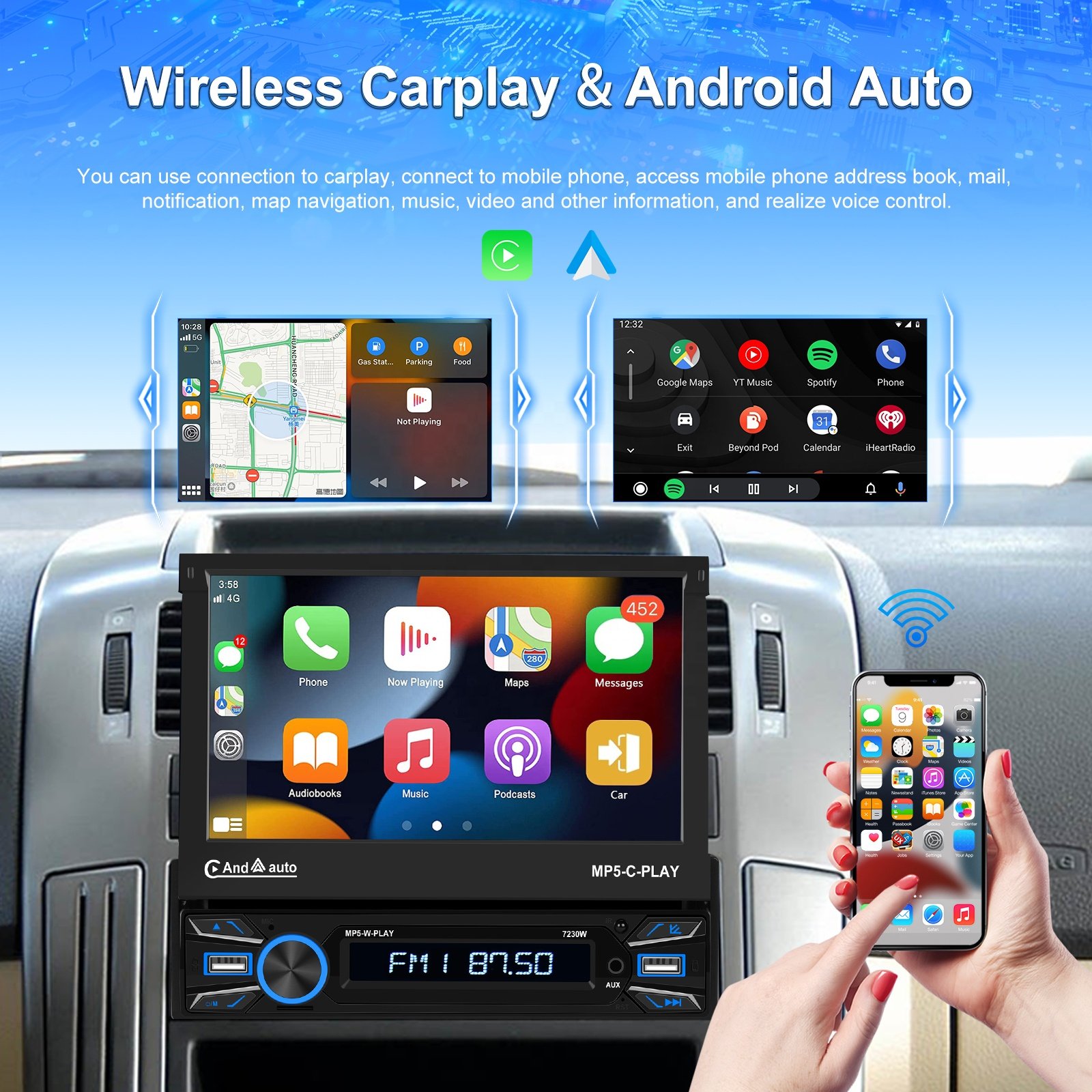 Podofo Single din 7'' Car MP5 Player Wireless Carplay Android Auto Motorized Retractable Touch Screen Auto Electronics USB BT FM