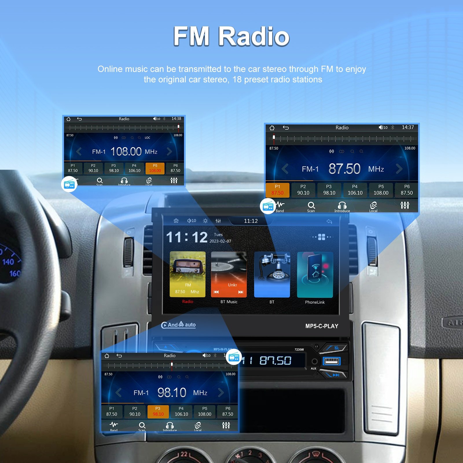Podofo Single din 7'' Car MP5 Player Wireless Carplay Android Auto Motorized Retractable Touch Screen Auto Electronics USB BT FM