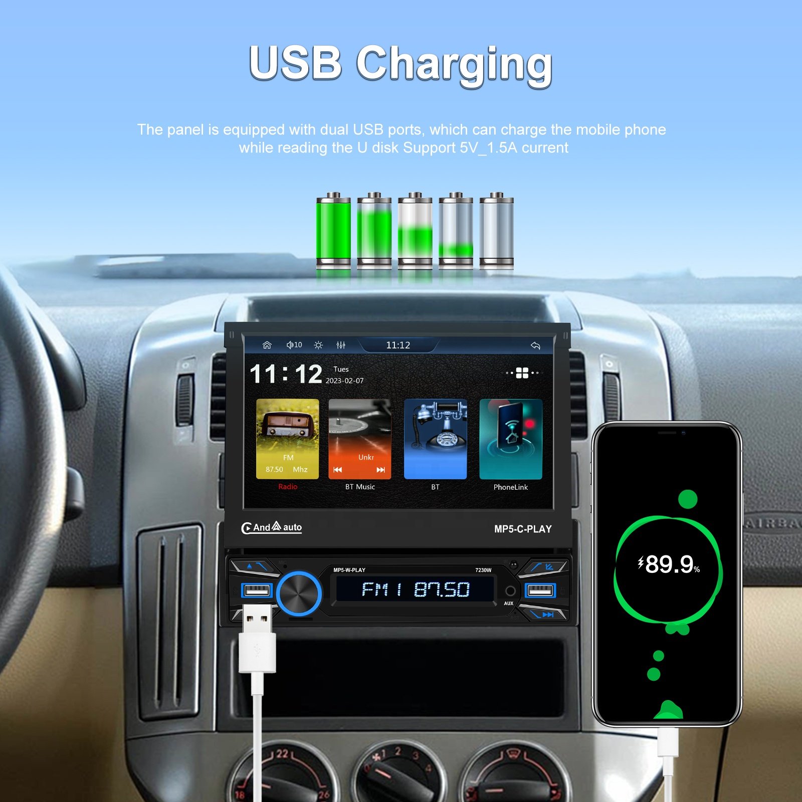 Podofo Single din 7'' Car MP5 Player Wireless Carplay Android Auto Motorized Retractable Touch Screen Auto Electronics USB BT FM