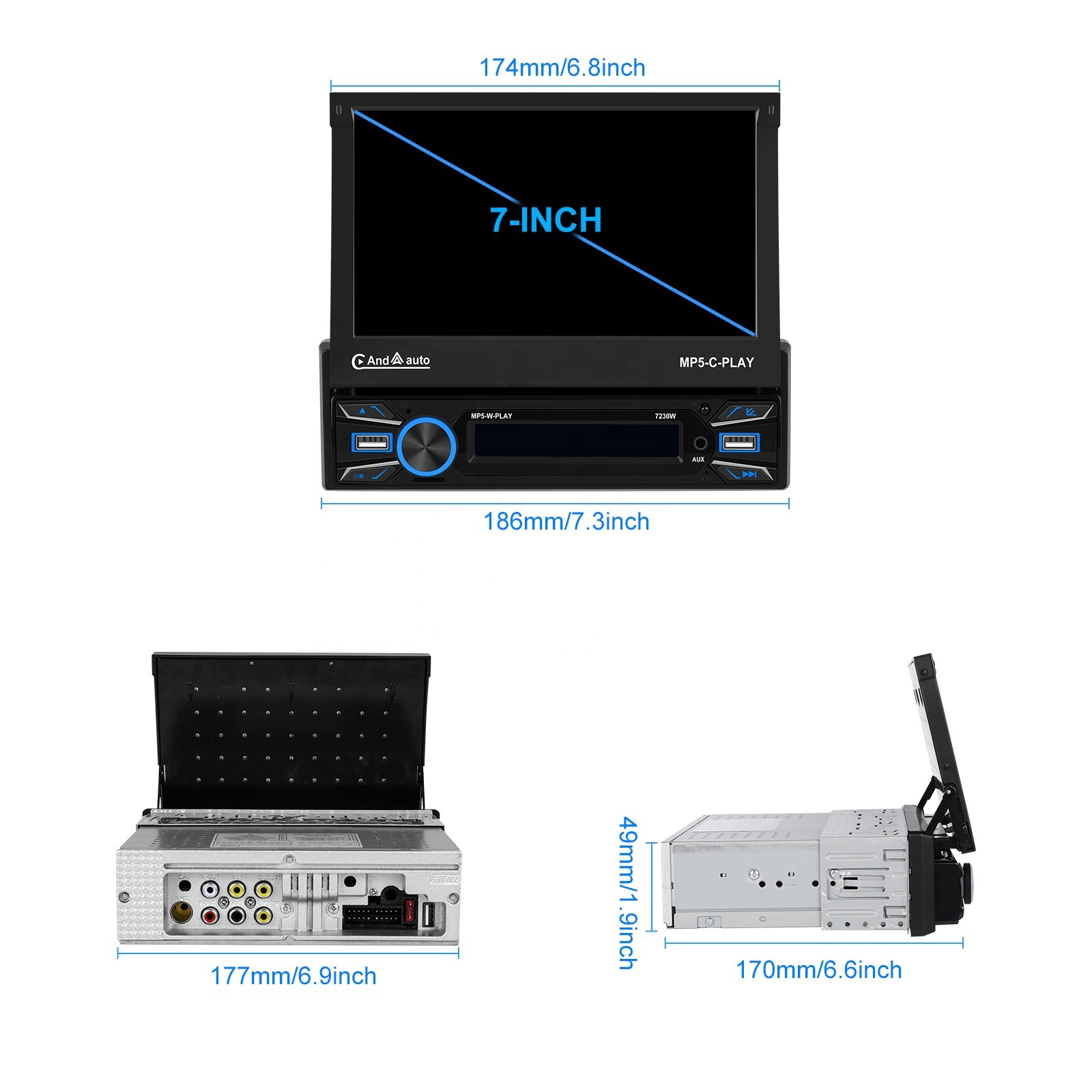Podofo Single din 7'' Car MP5 Player Wireless Carplay Android Auto Motorized Retractable Touch Screen Auto Electronics USB BT FM