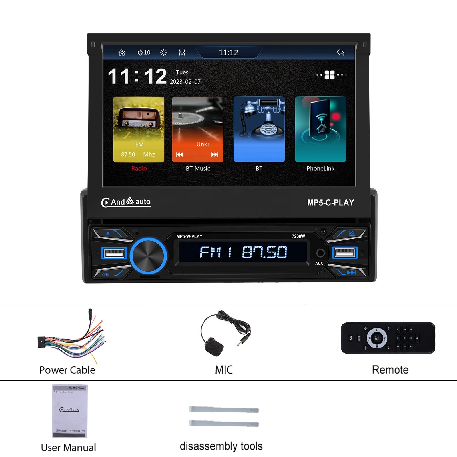 Podofo Single din 7'' Car MP5 Player Wireless Carplay Android Auto Motorized Retractable Touch Screen Auto Electronics USB BT FM