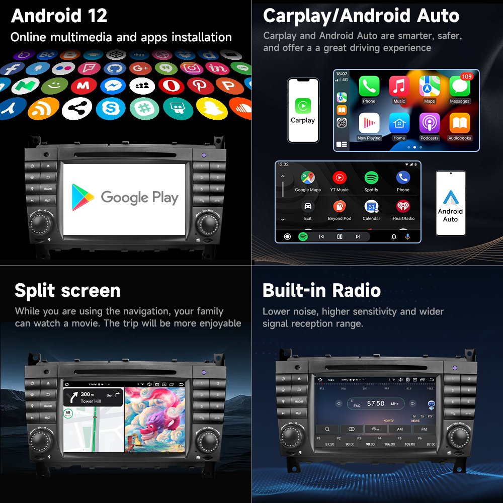 7" Android 12.0 Car DVD Player Android Auto Wifi Carplay Auto Multimedia 4+64GB For Mercedes Benz Clk W209